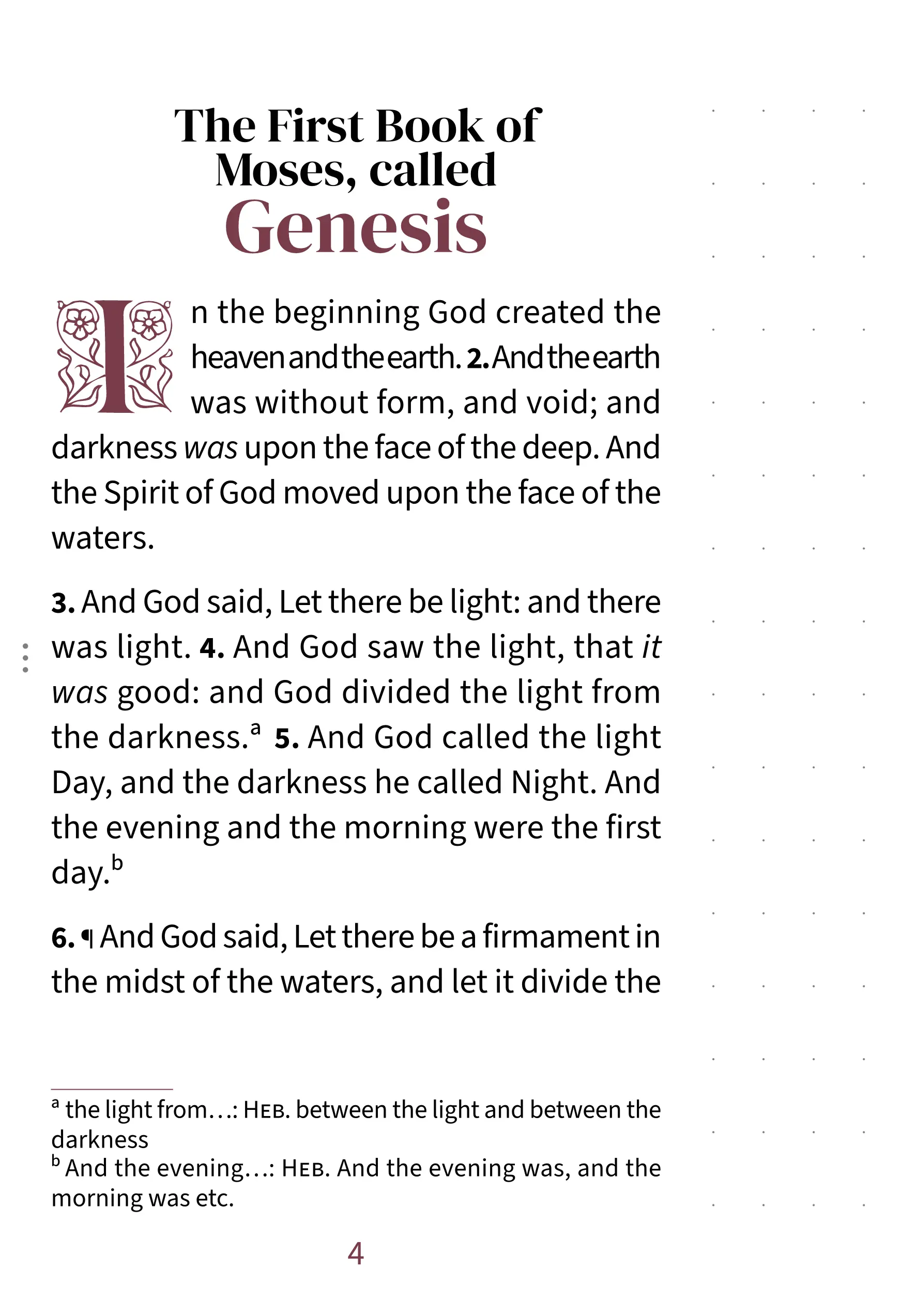 Interior page showing Genesis 1:1 in the Embrace large print with dotted notetaking margin