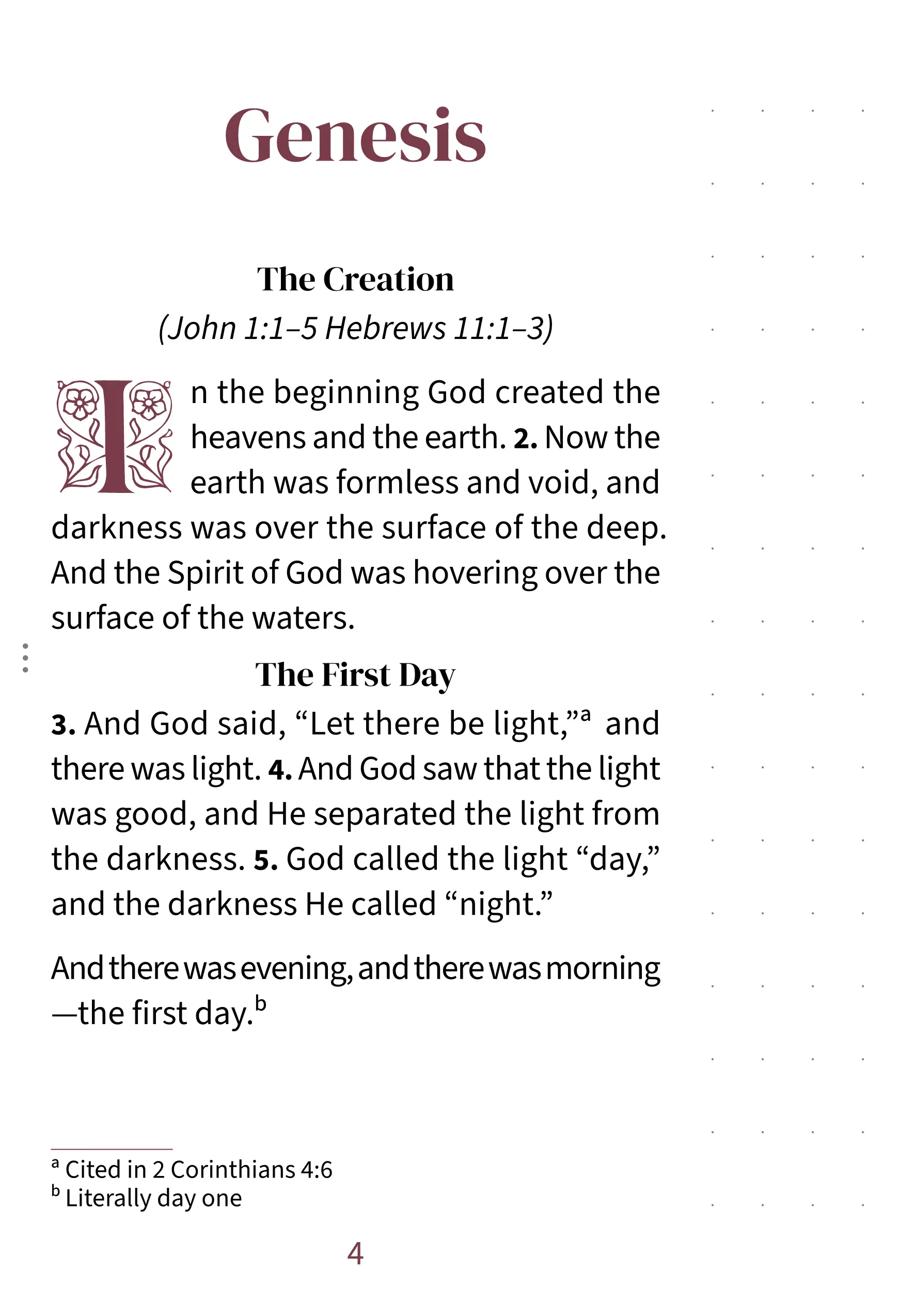 Interior page showing Genesis 1:1 in the Embrace large print with dotted notetaking margin