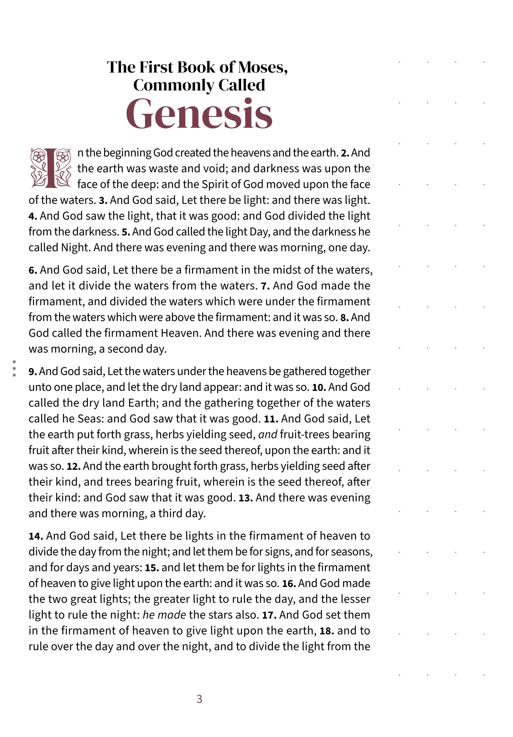 Interior page showing Genesis 1:1 in the Embrace notetaking layout with dotted margin