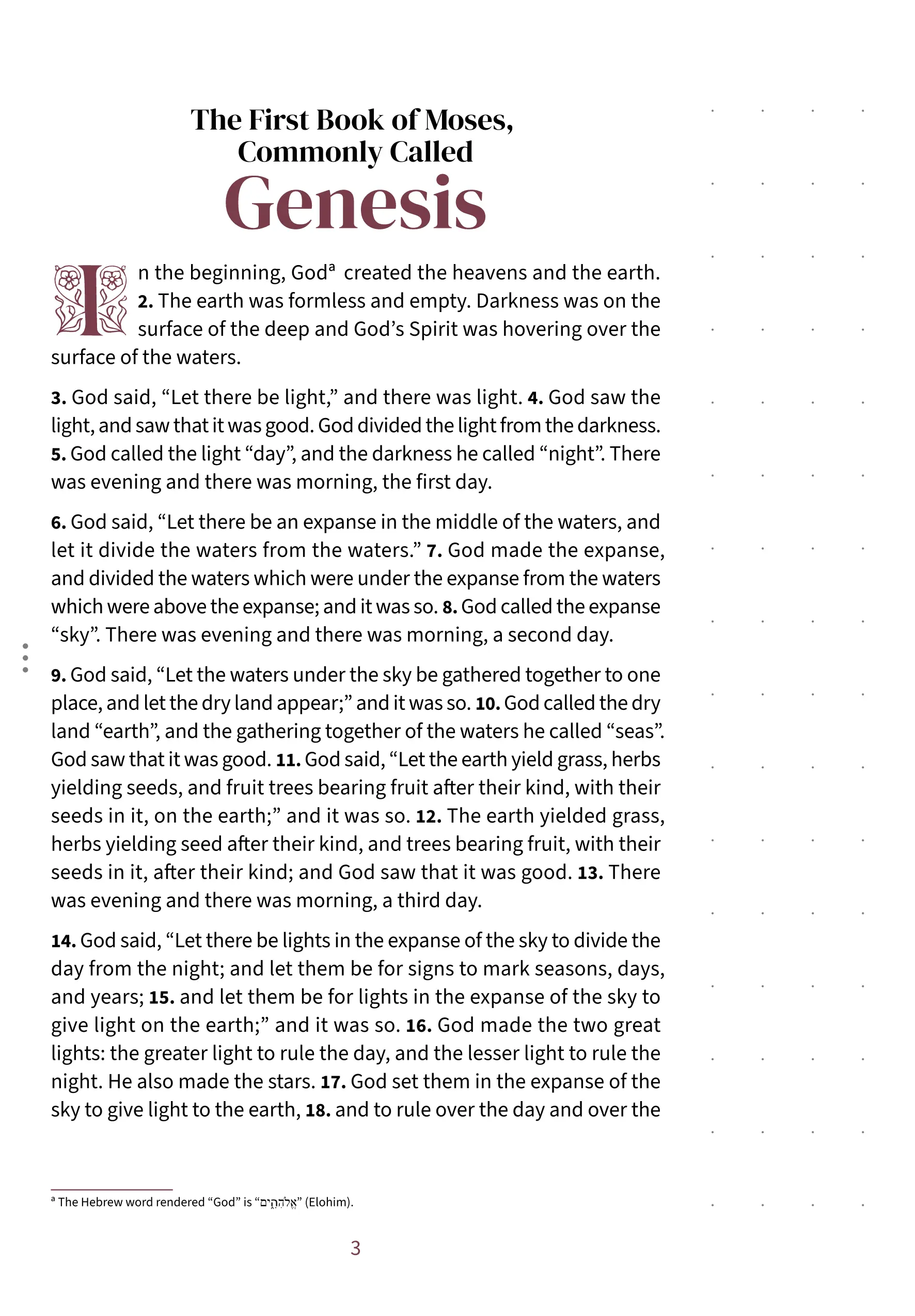 Interior page showing Genesis 1:1 in the Embrace notetaking layout with dotted margin