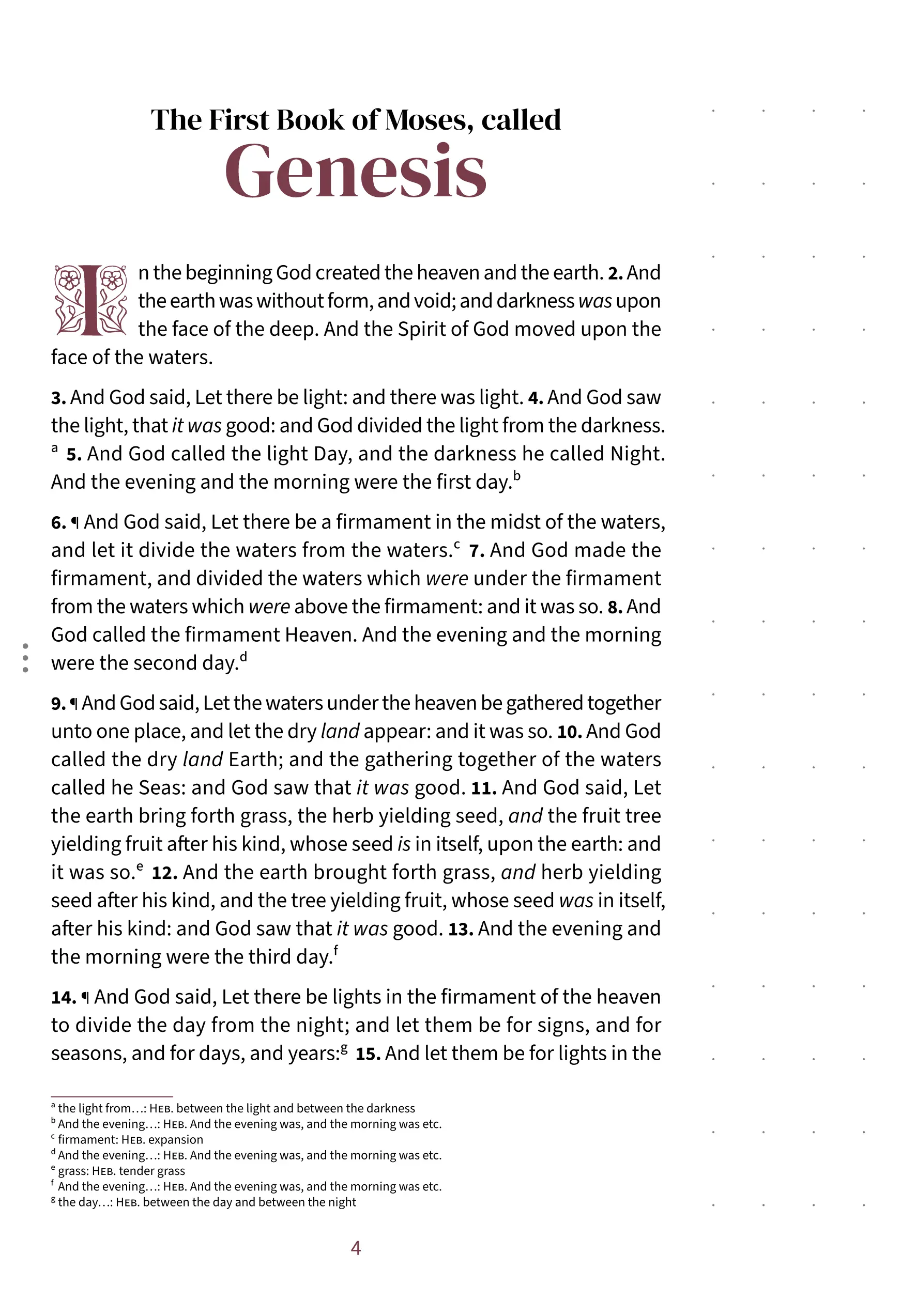 Interior page showing Genesis 1:1 in the Embrace notetaking layout with dotted margin