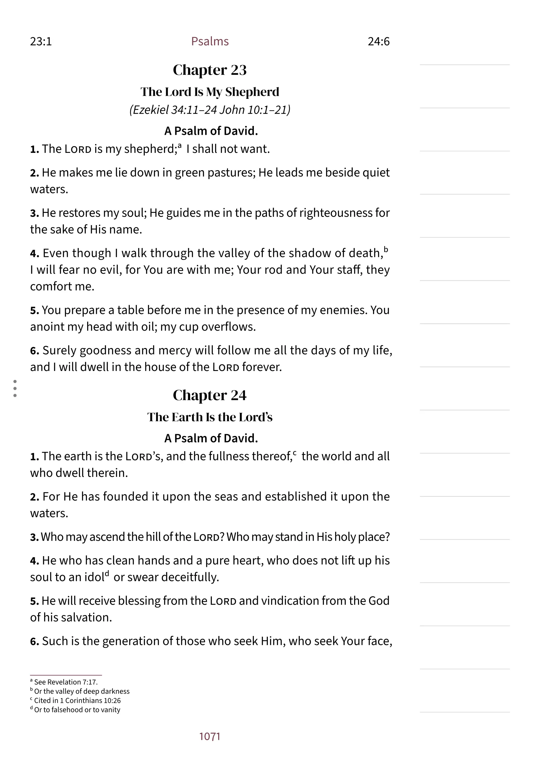 Interior page showing Psalm 23:1 in the Embrace notetaking layout with lined margin
