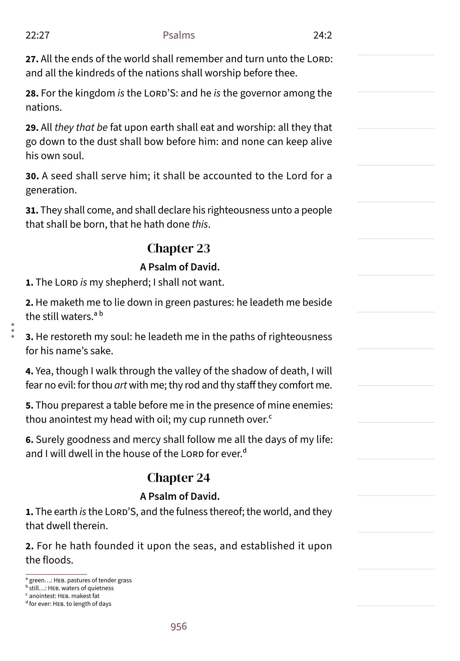 Interior page showing Psalm 23:1 in the Embrace notetaking layout with lined margin