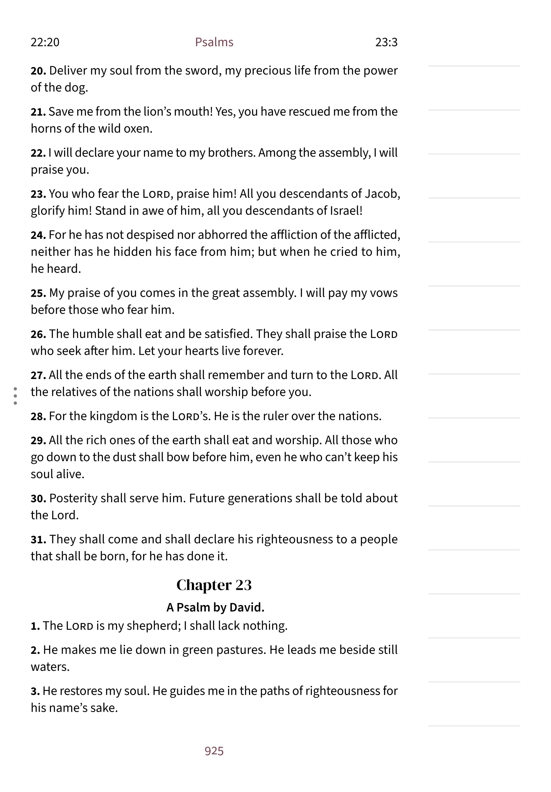 Interior page showing Psalm 23:1 in the Embrace notetaking layout with lined margin