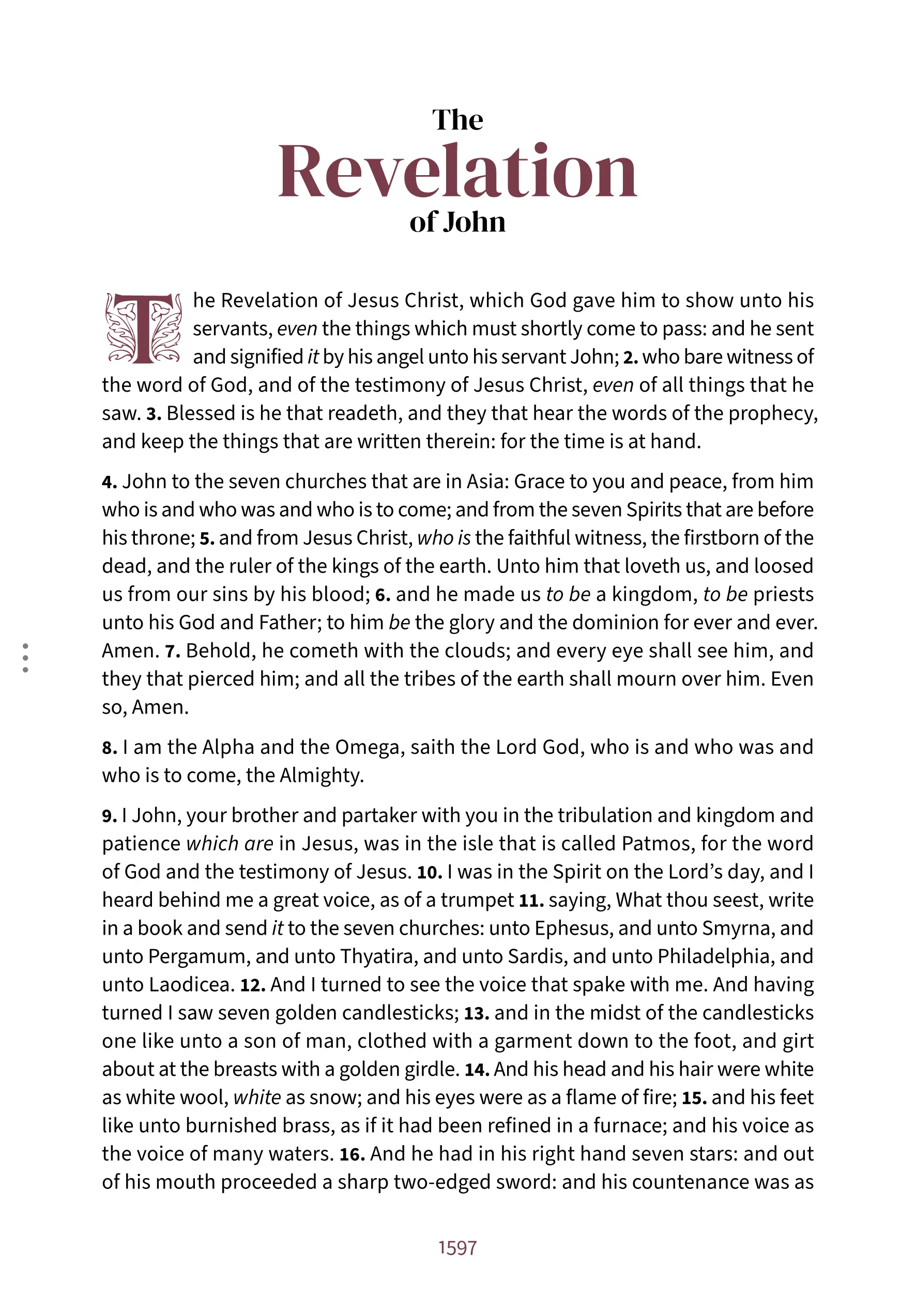 Interior spread showing Revelation 1:1 in the Embrace reading layout