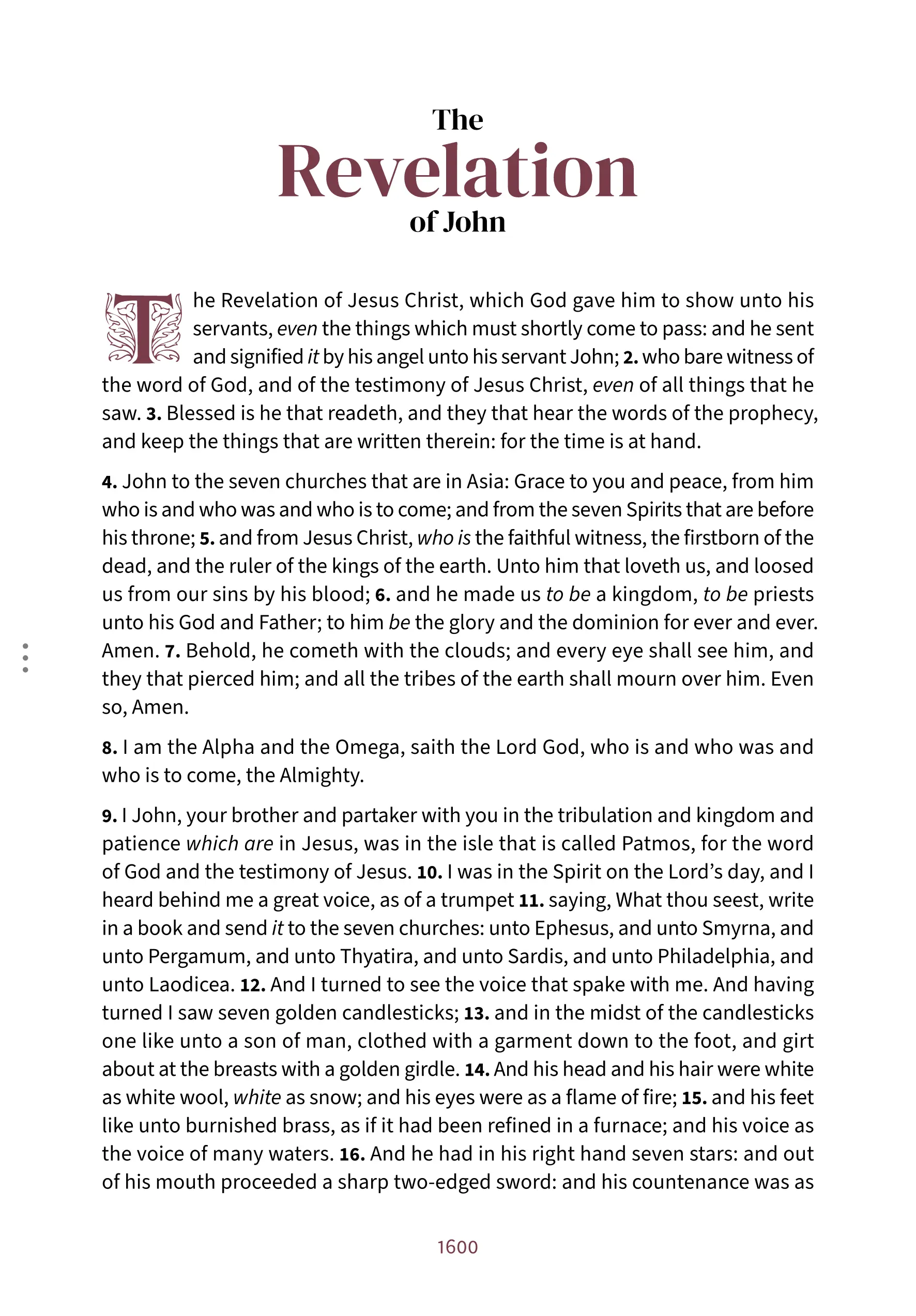 Interior spread showing Revelation 1:1 in the Embrace reading layout