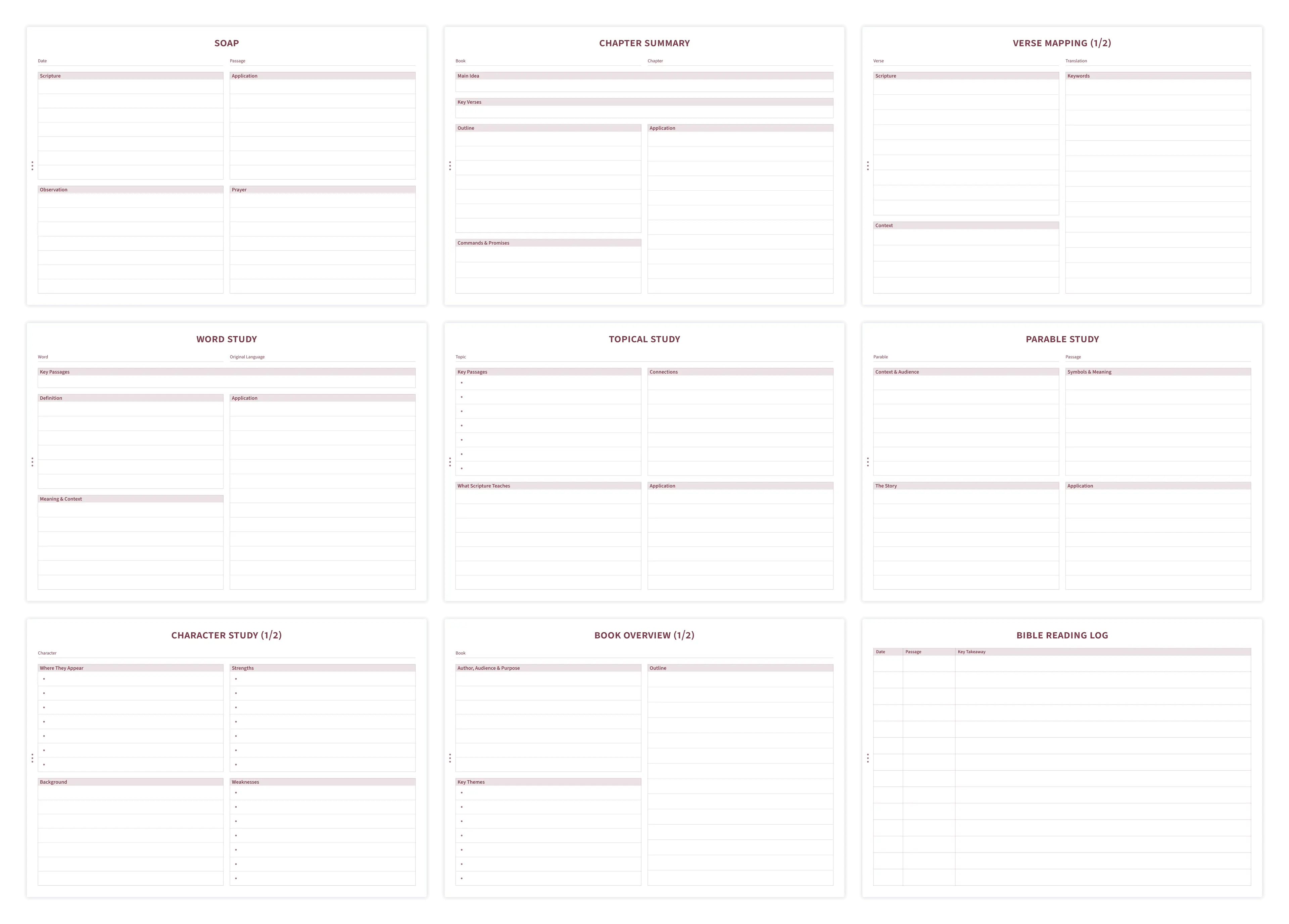 Overview of Bible study templates including SOAP, verse mapping, and word study