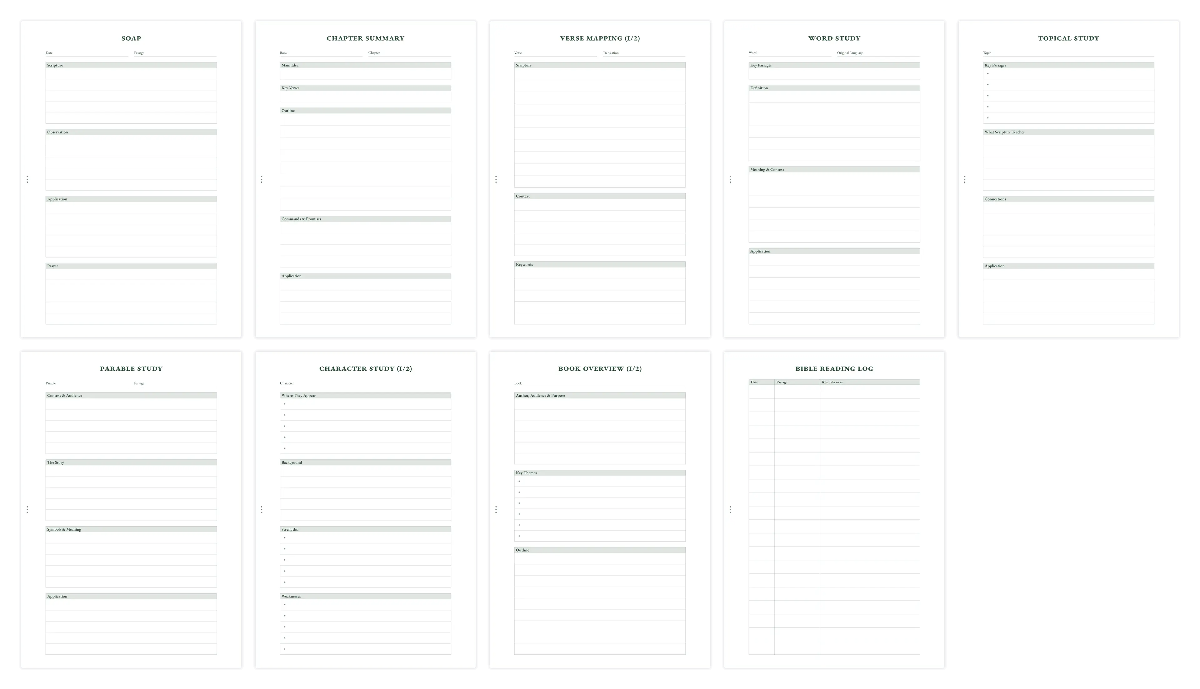 Overview of Bible study templates including SOAP, verse mapping, and word study