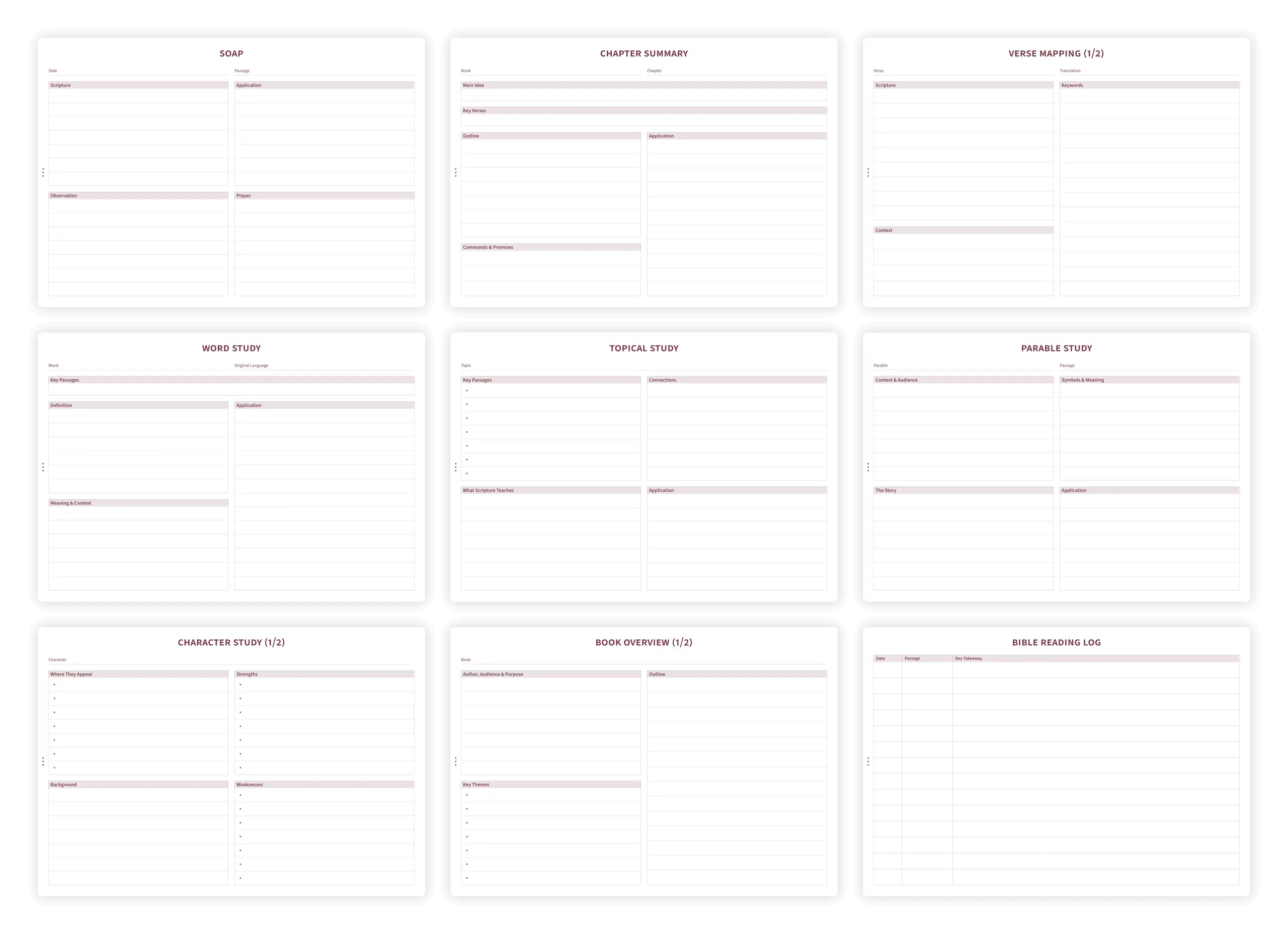 Overview of Bible study templates including SOAP, verse mapping, and word study