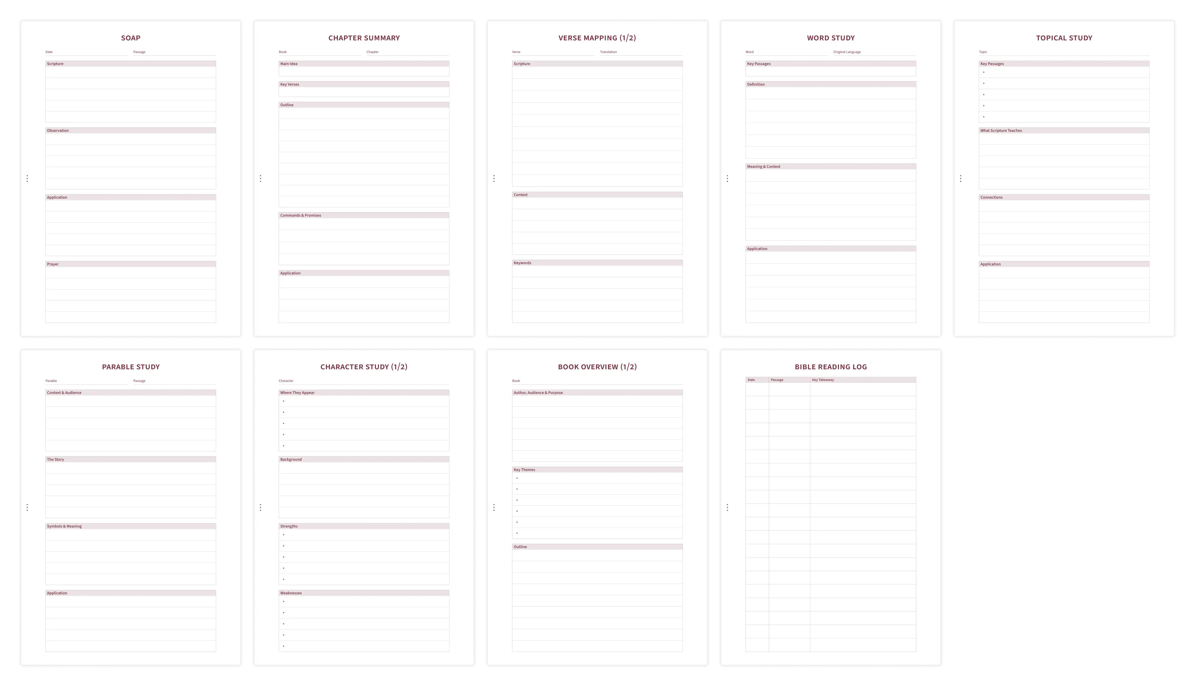 Overview of Bible study templates including SOAP, verse mapping, and word study
