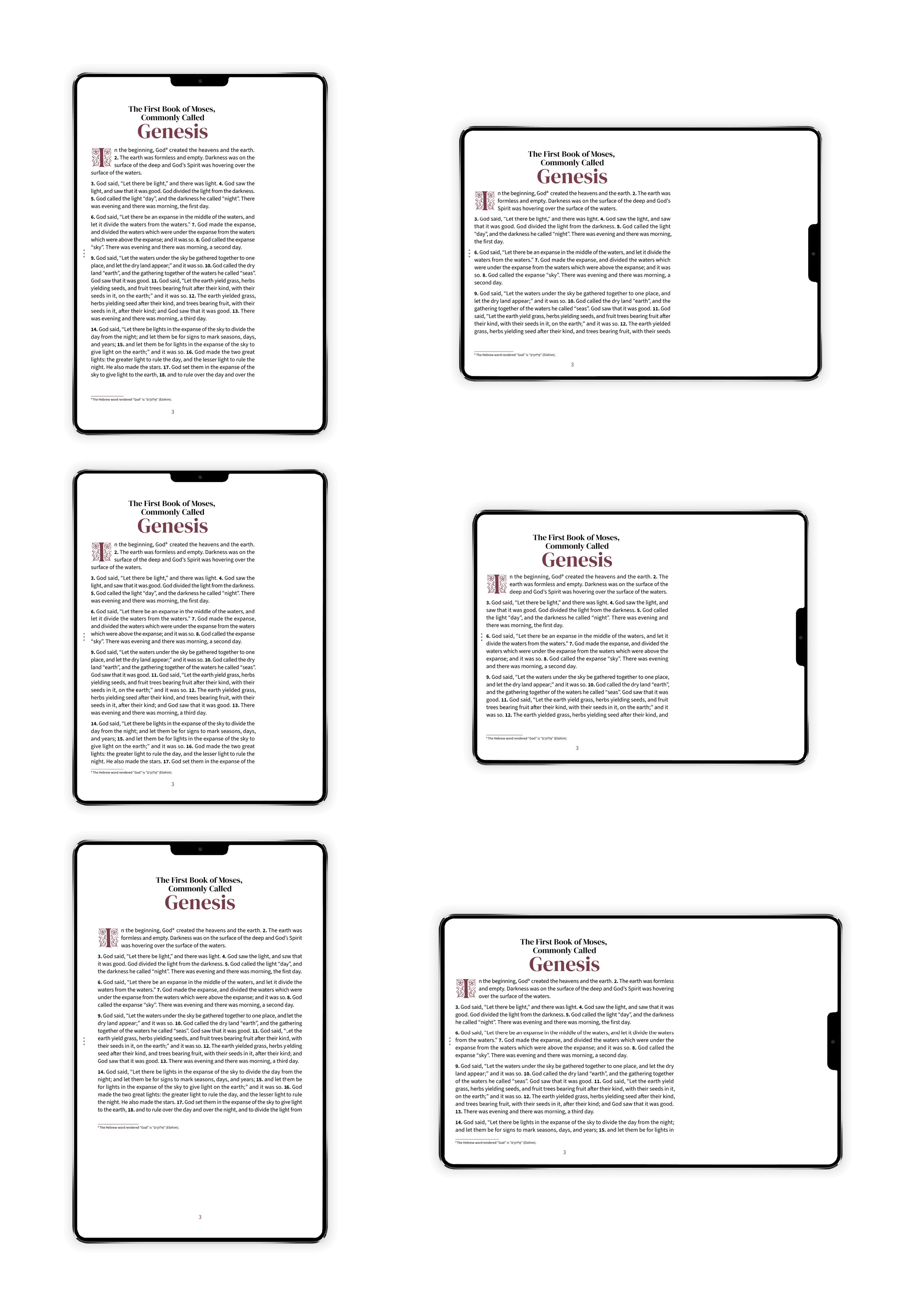 Six tablet views showing Bible pages in portrait and landscape for each tablet aspect ratio: 4:3, 1.43:1 (23:16), and 16:10