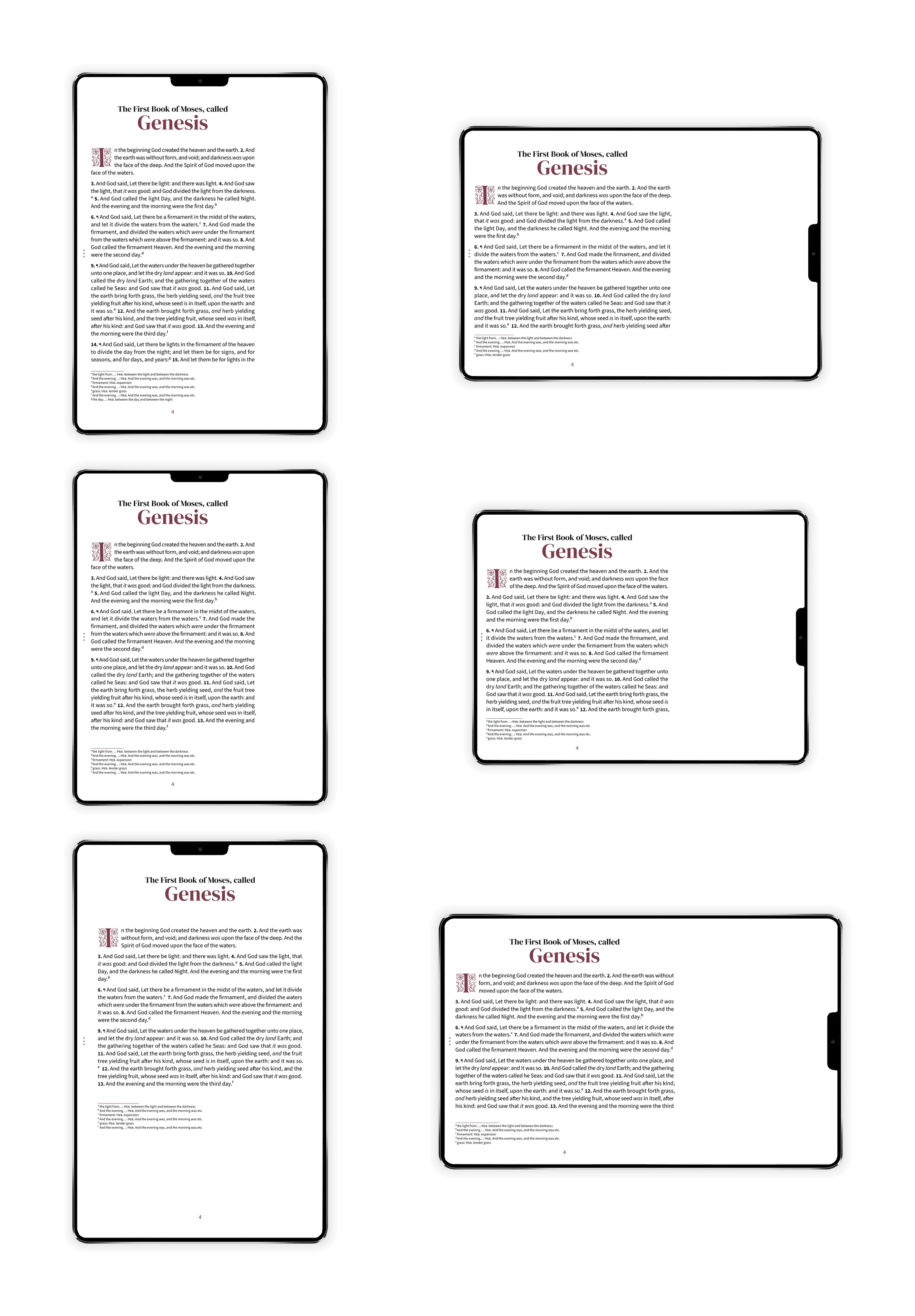 Six tablet views showing Bible pages in portrait and landscape for each tablet aspect ratio: 4:3, 1.43:1 (23:16), and 16:10