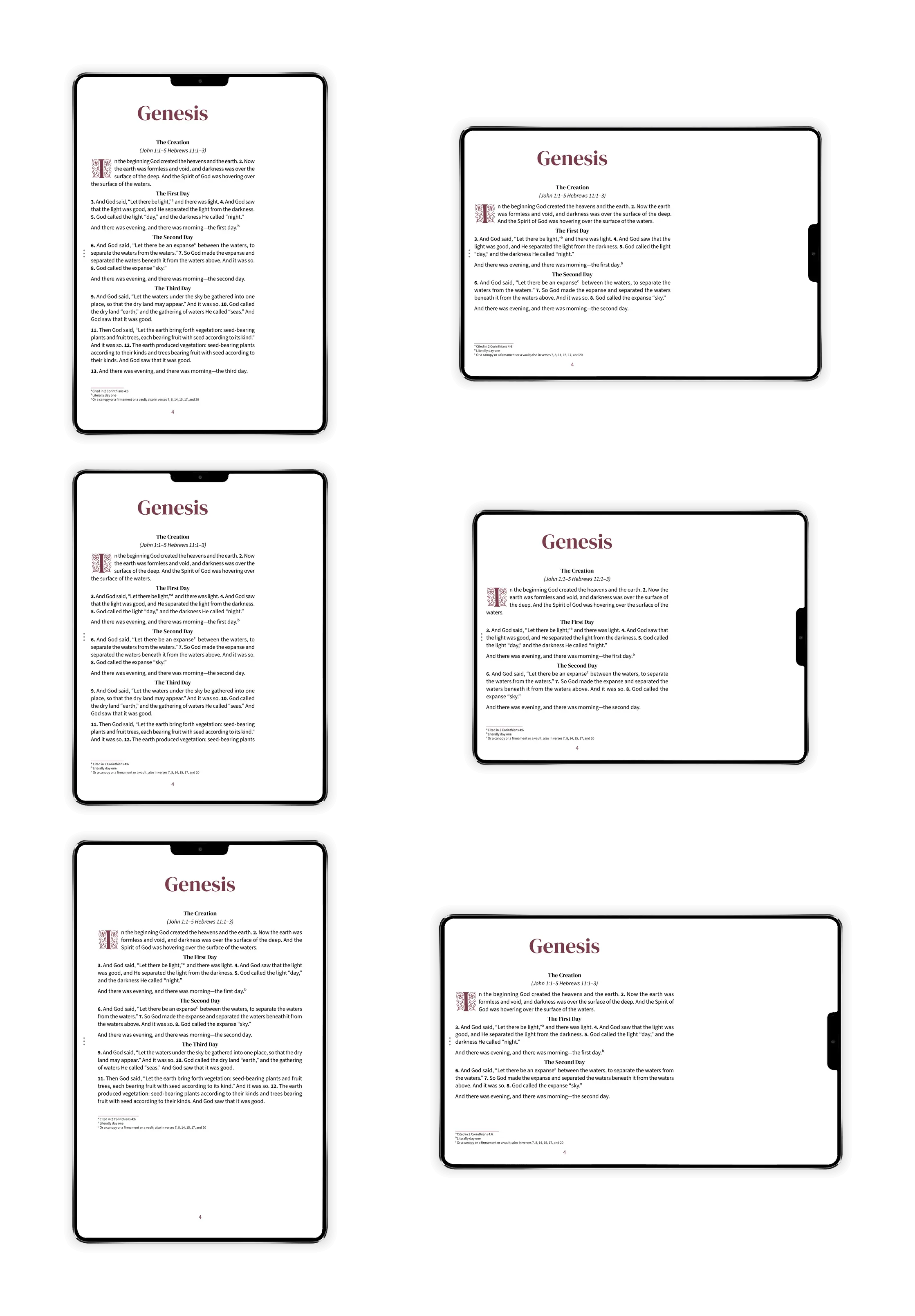 Six tablet views showing Bible pages in portrait and landscape for each tablet aspect ratio: 4:3, 1.43:1 (23:16), and 16:10
