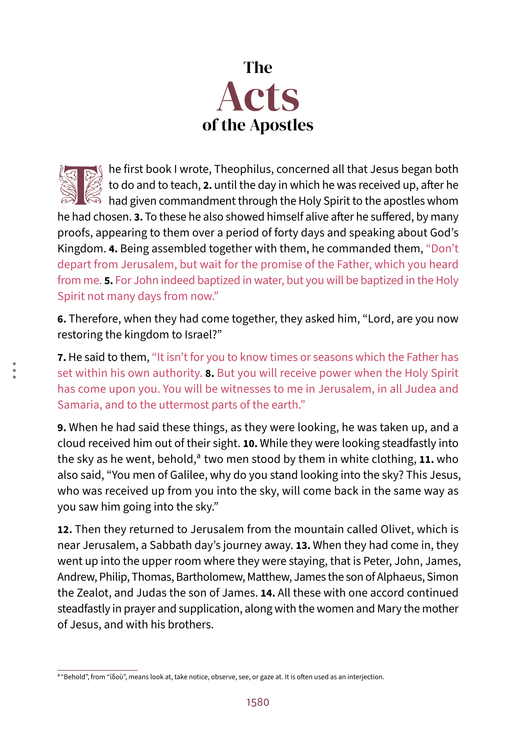 First page of Acts in the Embrace reading layout, with the words of Jesus highlighted in red