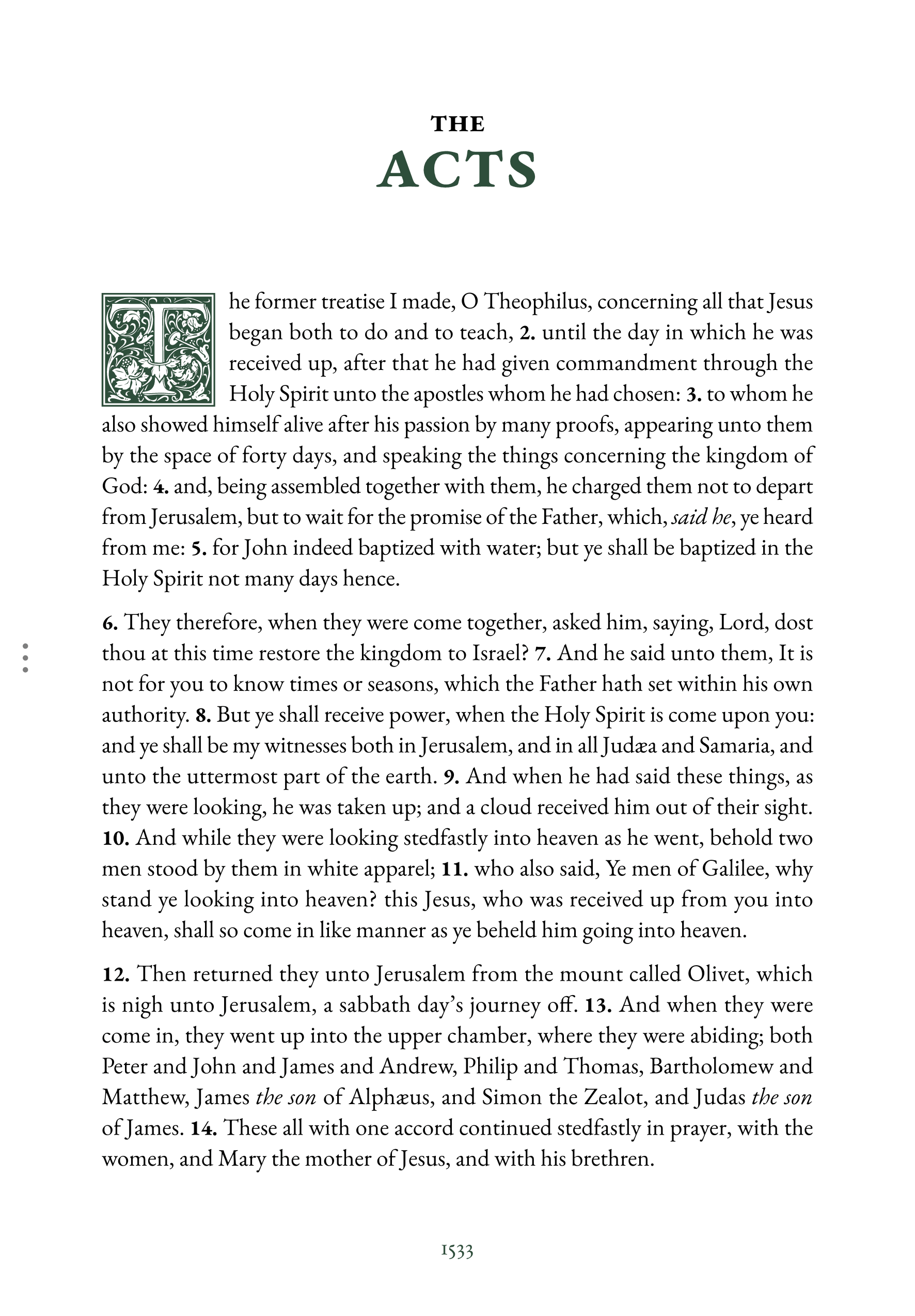 First page of Acts in reading layout, showing chapter-opening typography