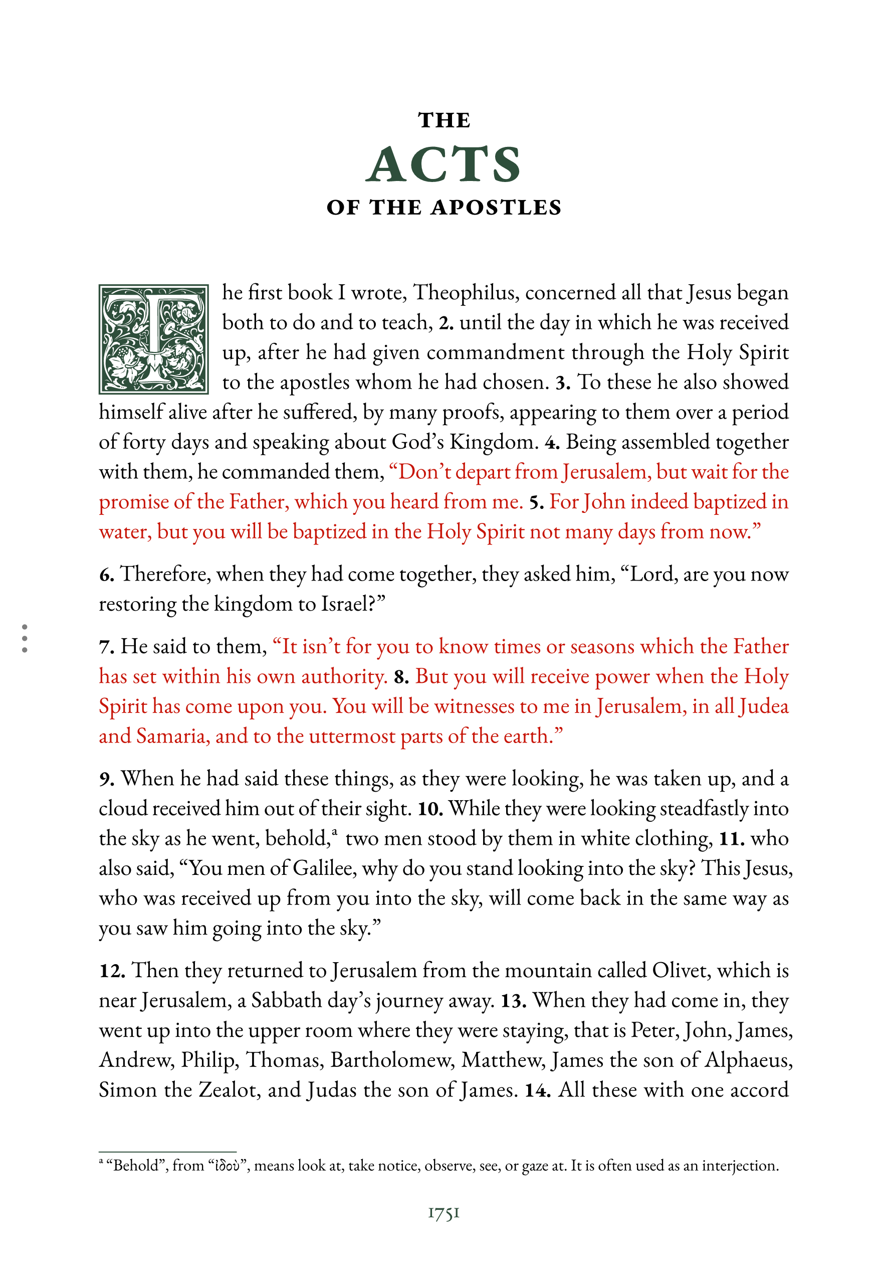 First page of Acts in reading layout, with the words of Jesus highlighted in red