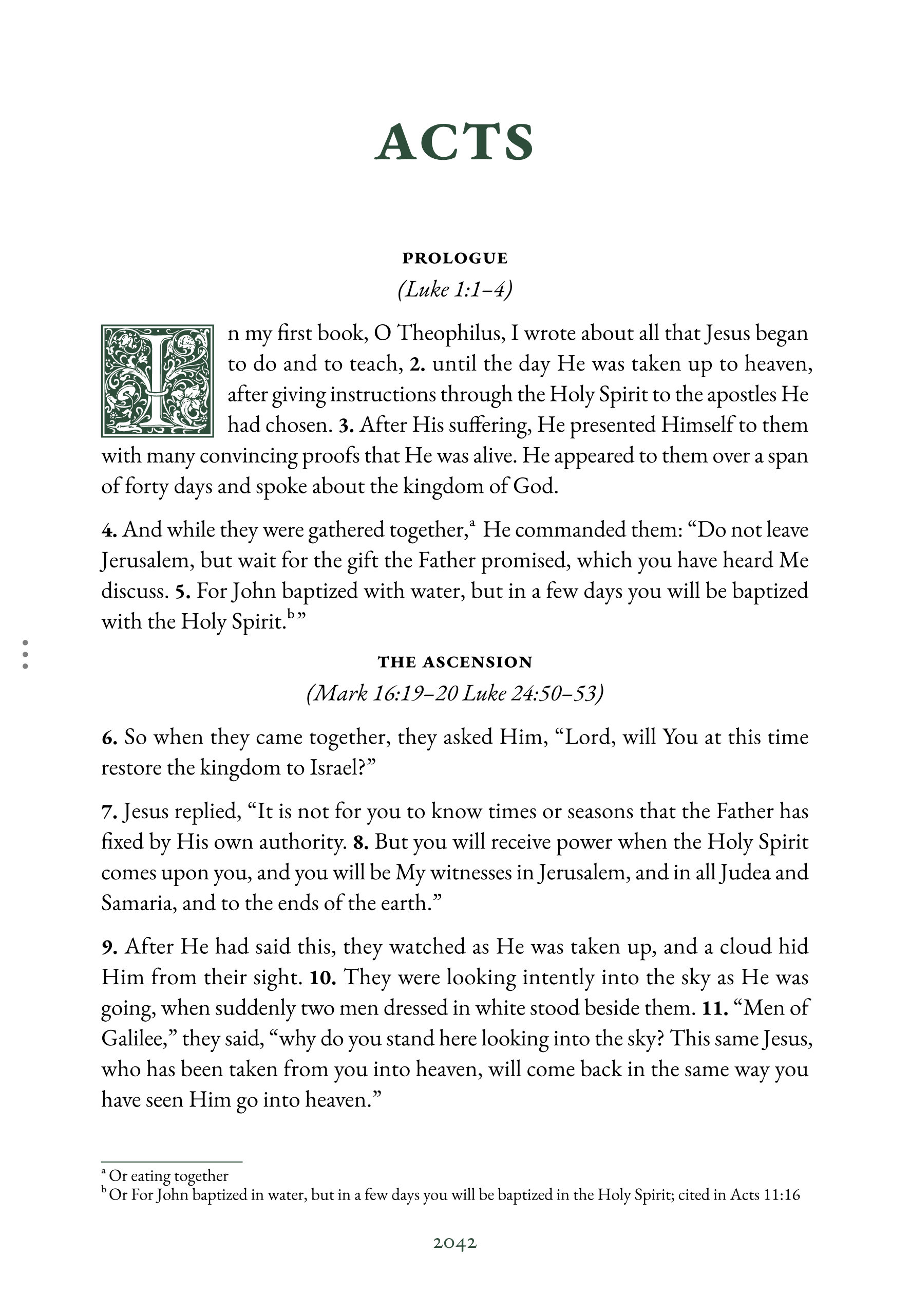 First page of Acts in reading layout, showing chapter-opening typography