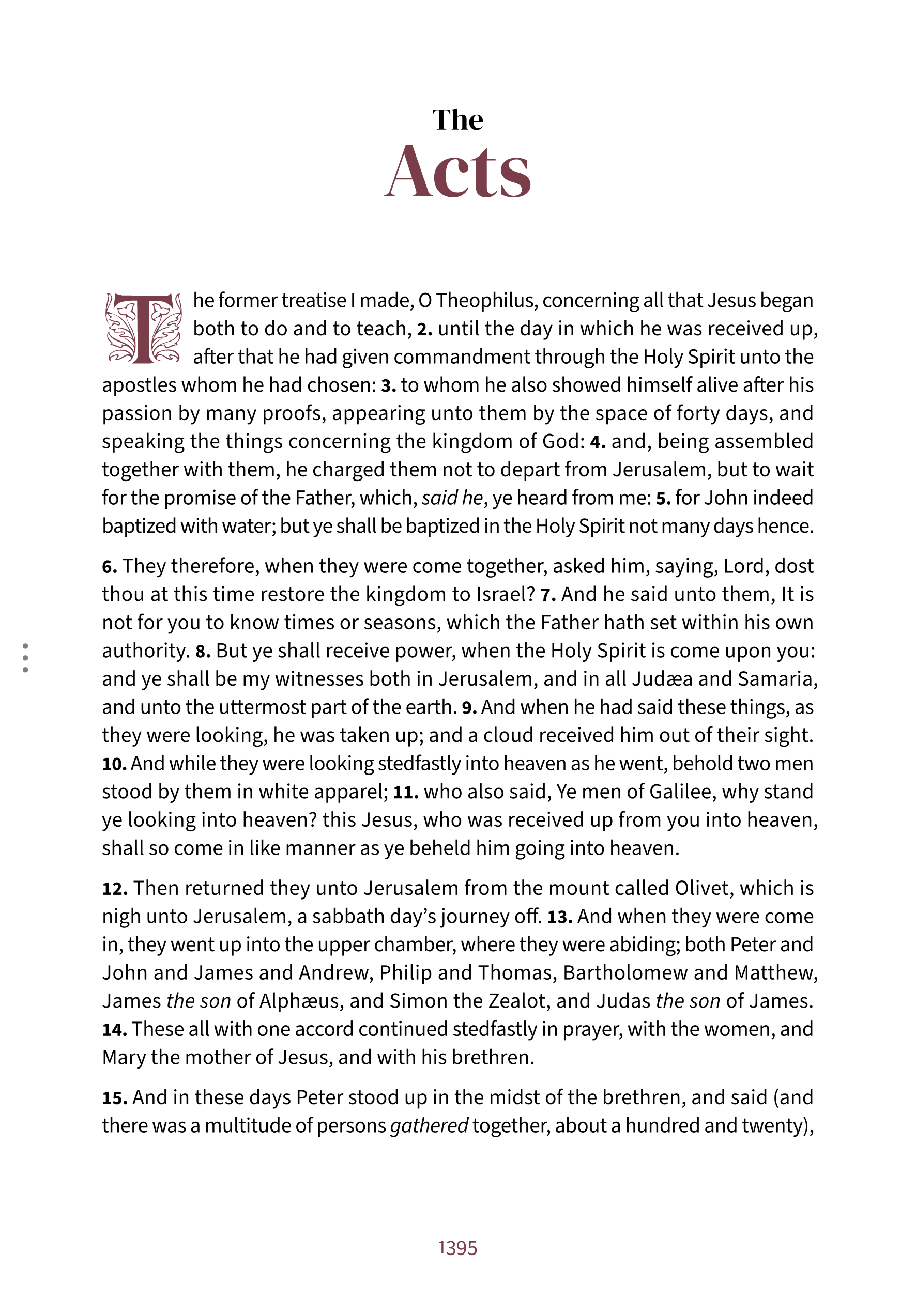First page of Acts in the Embrace reading layout, showing chapter-opening typography