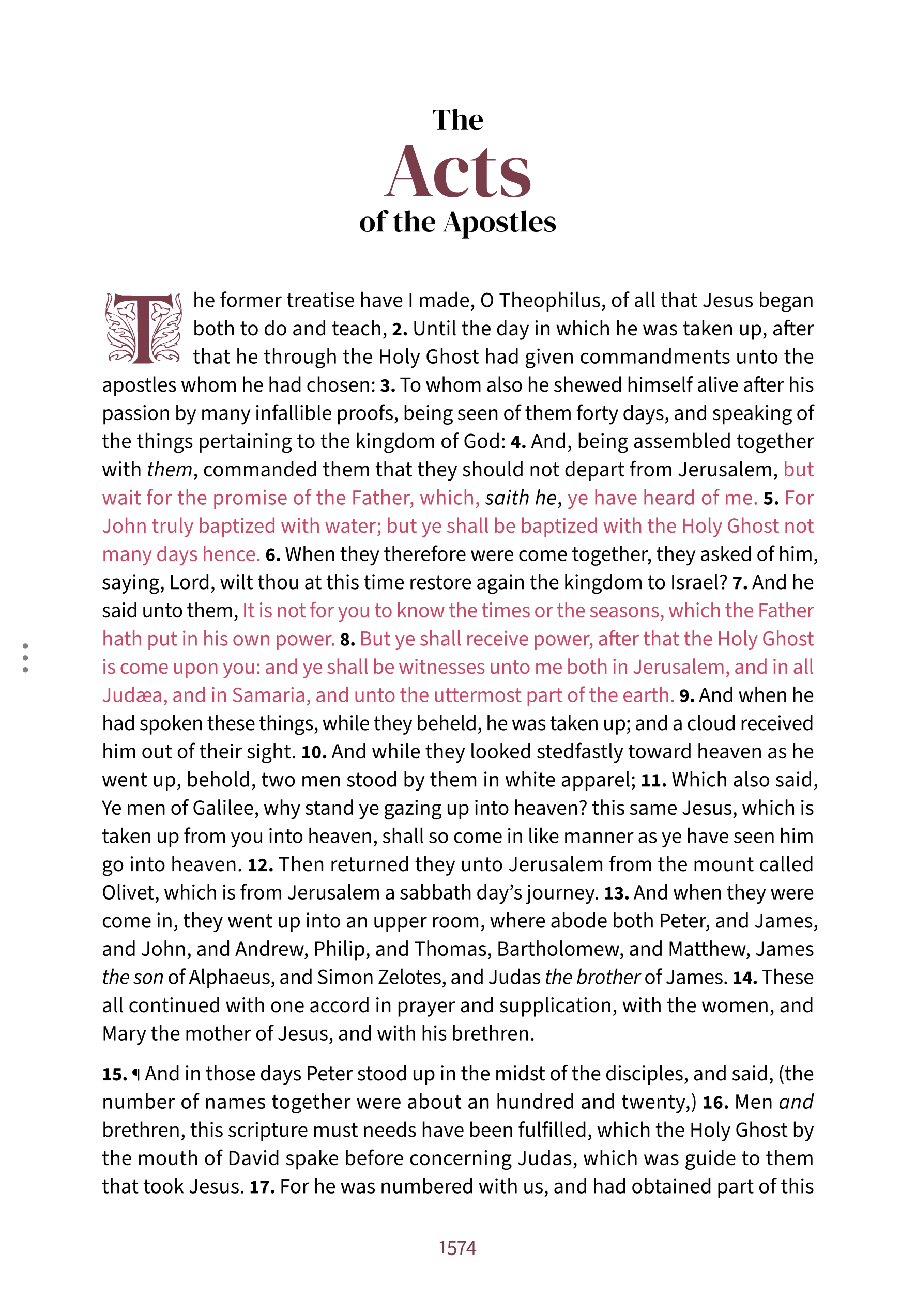 First page of Acts in the Embrace reading layout, with the words of Jesus highlighted in red
