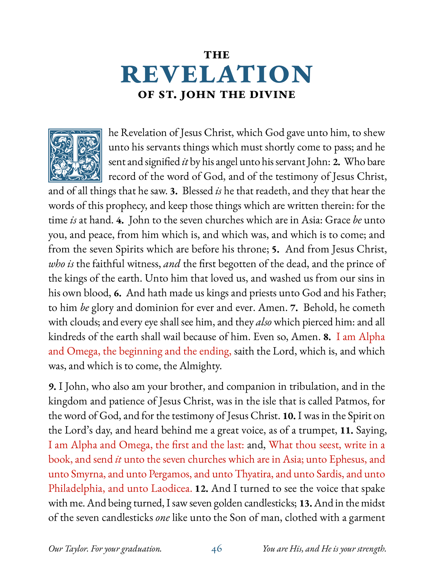 Interior spread of Custom Bible showing Revelation with burgundy accents and highlighted words of Jesus