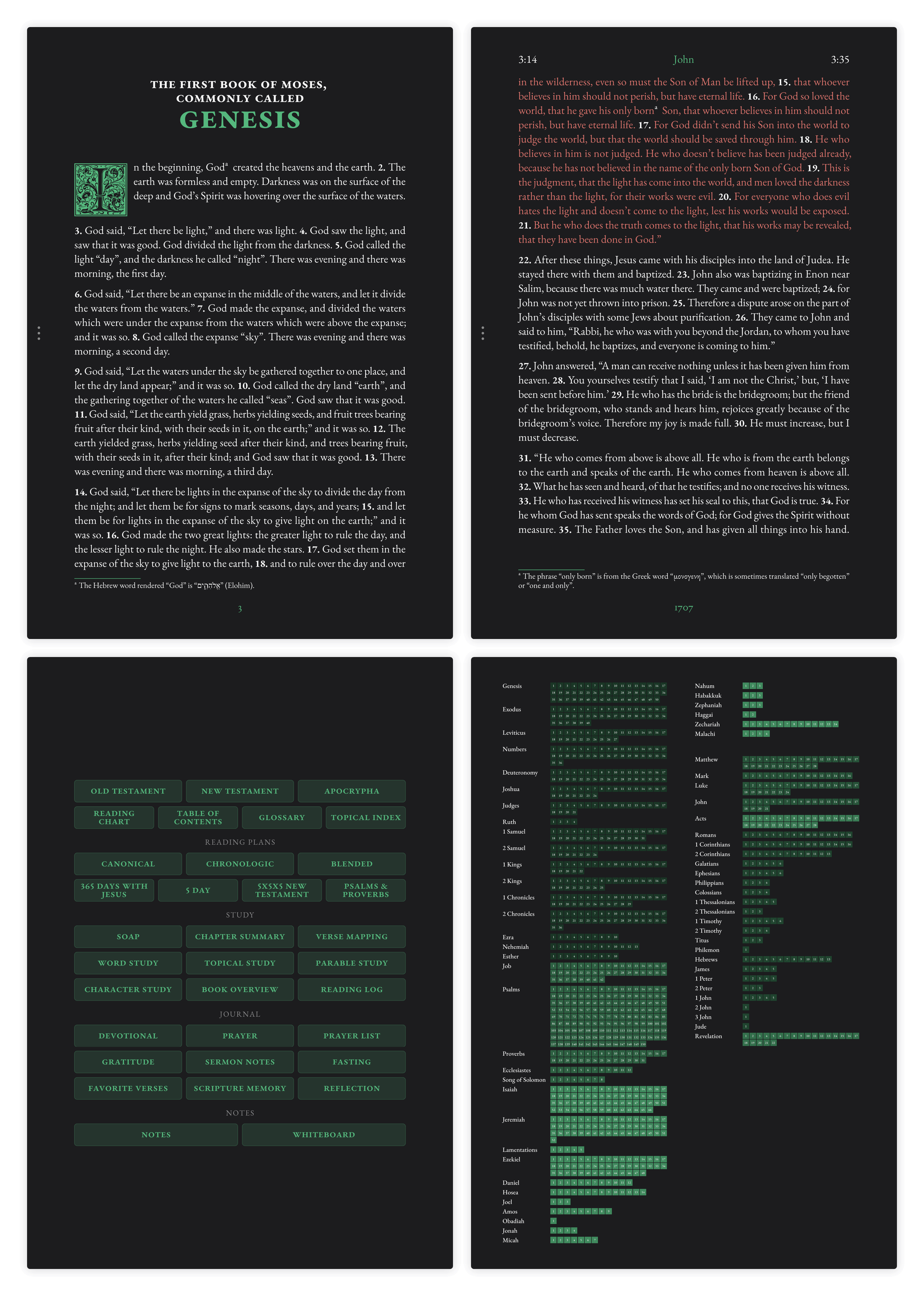 Dark mode Bible pages showing Genesis and John side by side