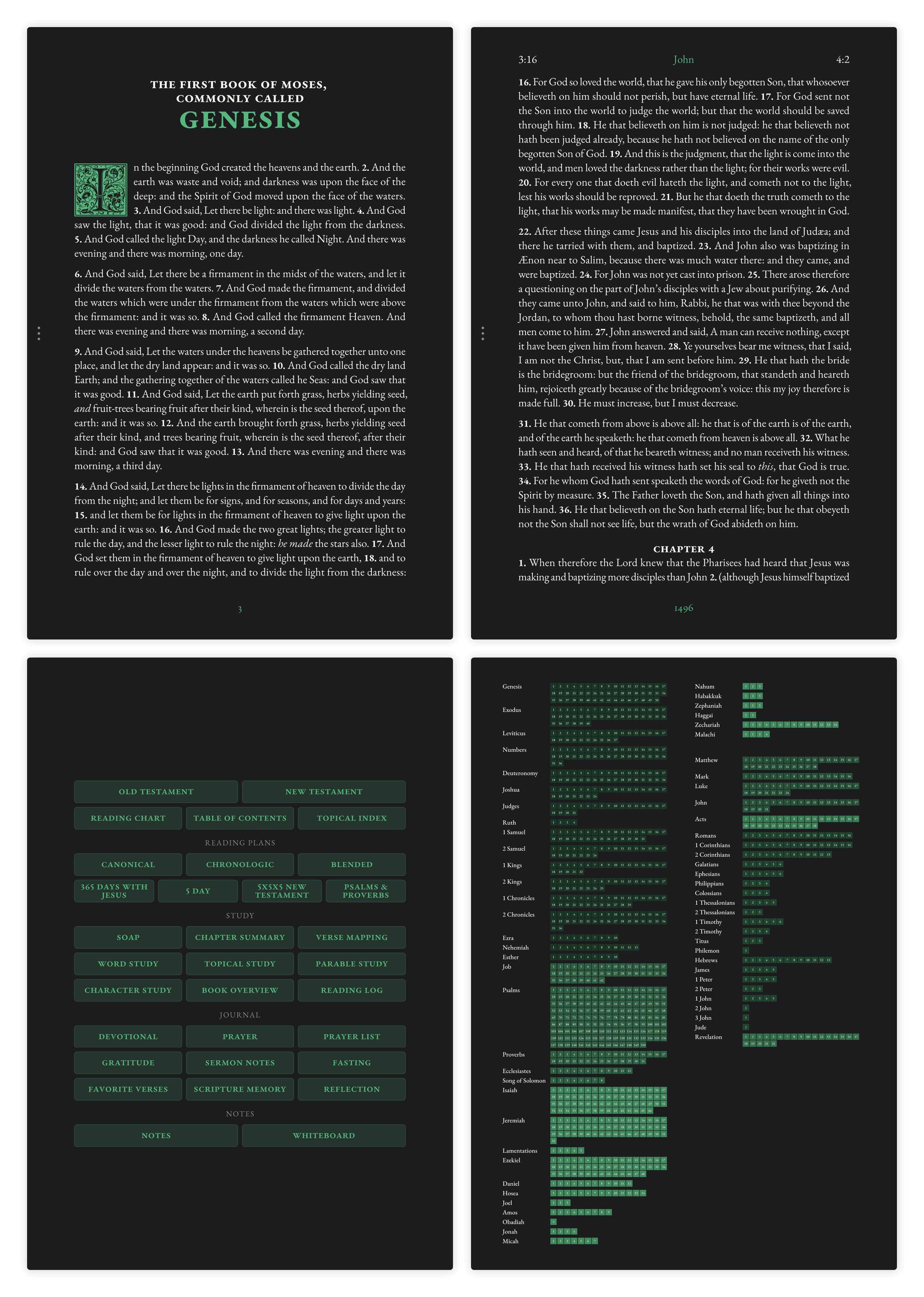 Dark mode Bible pages showing Genesis and John side by side