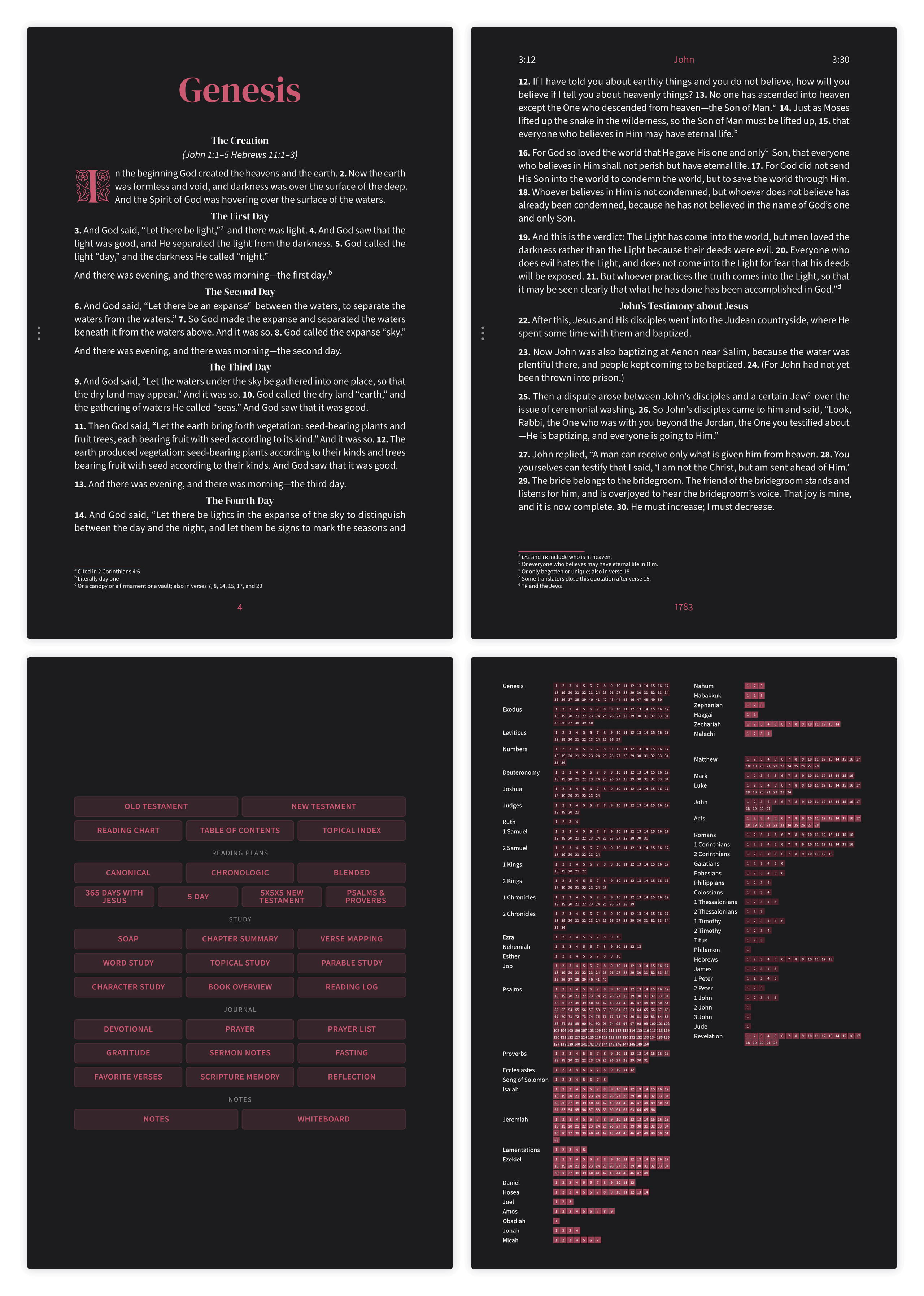 Dark mode Bible pages in the Embrace design showing Genesis and John side by side
