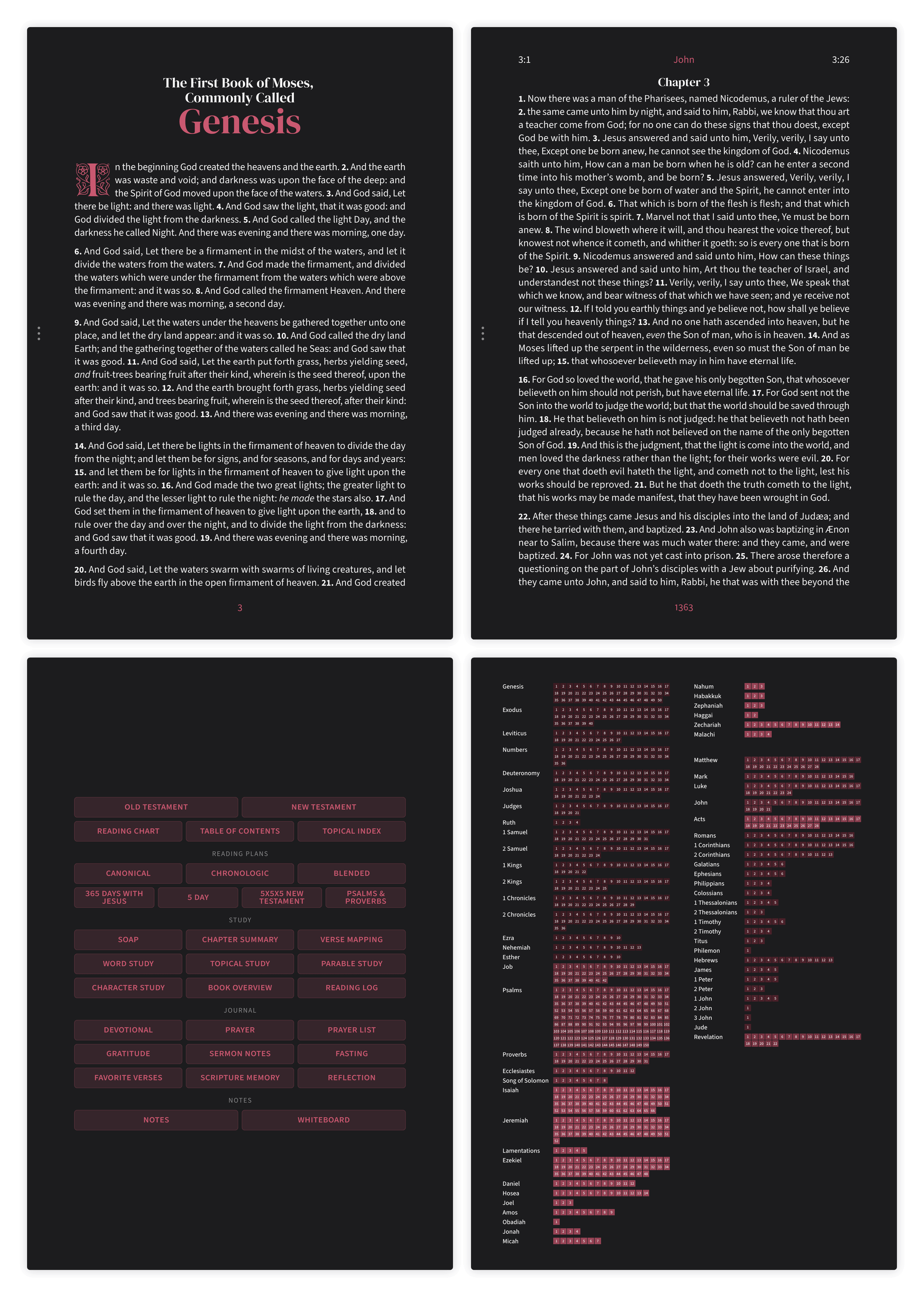 Dark mode Bible pages in the Embrace design showing Genesis and John side by side