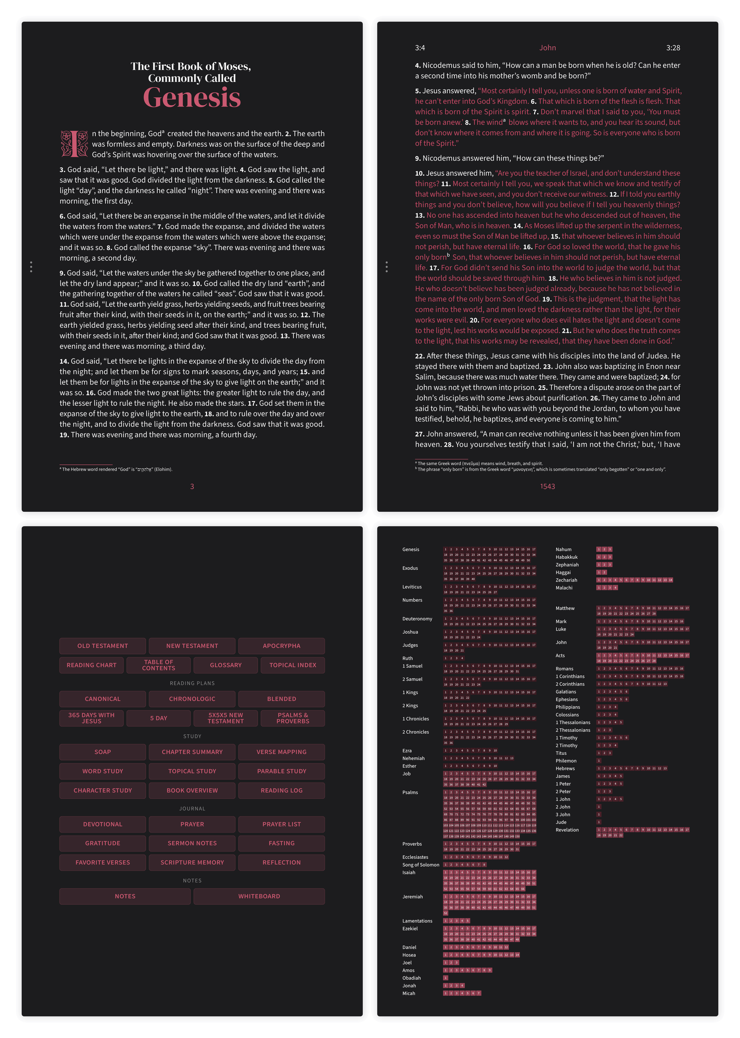 Dark mode Bible pages in the Embrace design showing Genesis and John side by side