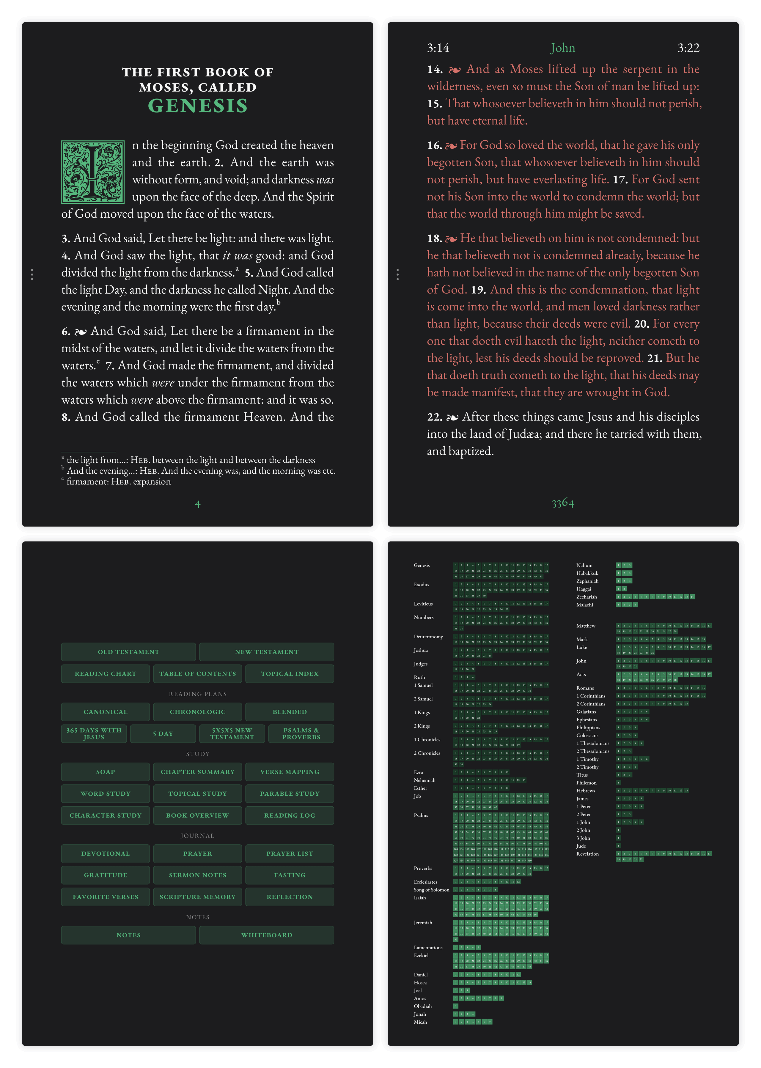 Dark mode Bible pages showing large print layout