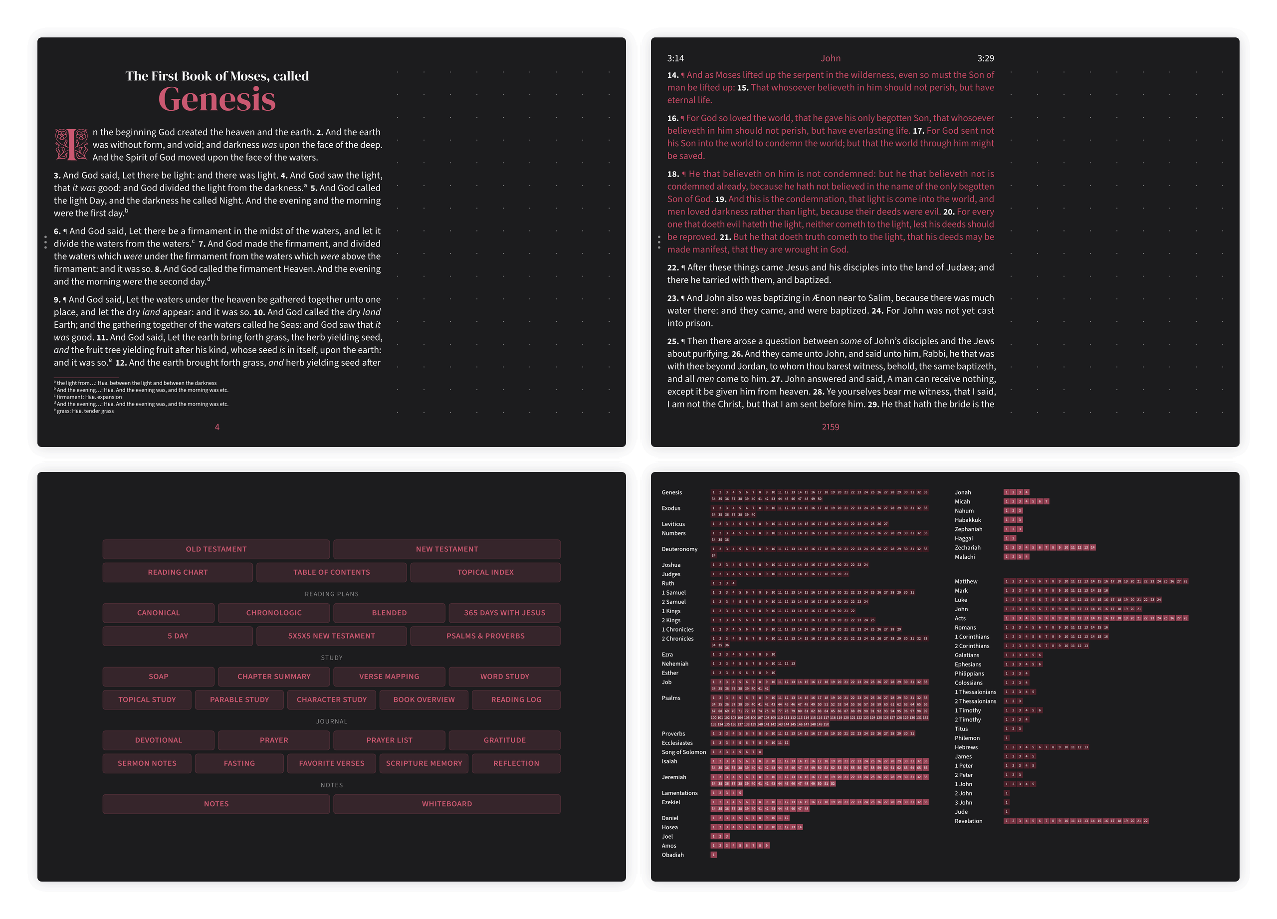Dark mode Bible pages in the Embrace notetaking layout with dotted margin