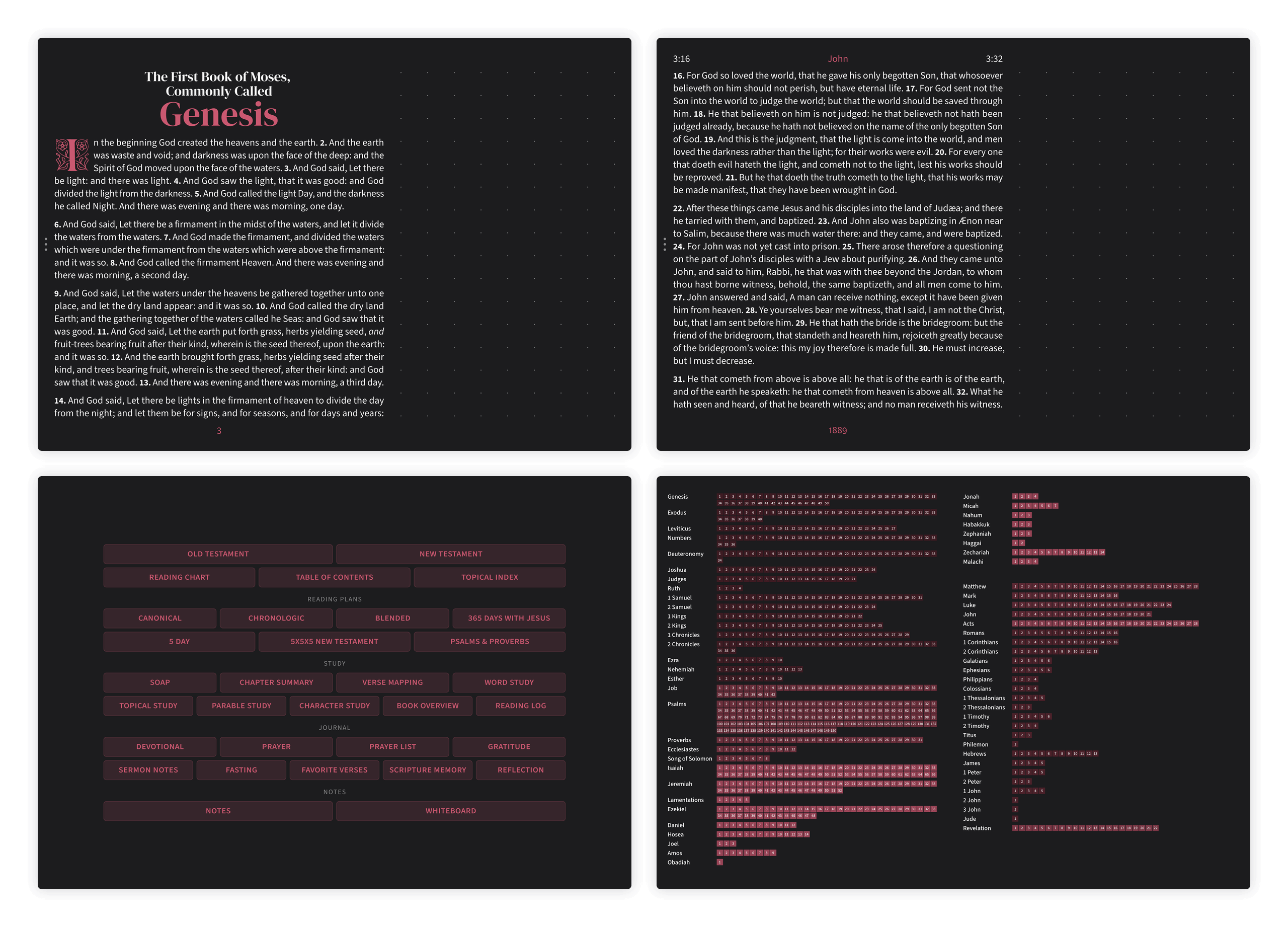 Dark mode Bible pages in the Embrace notetaking layout with dotted margin