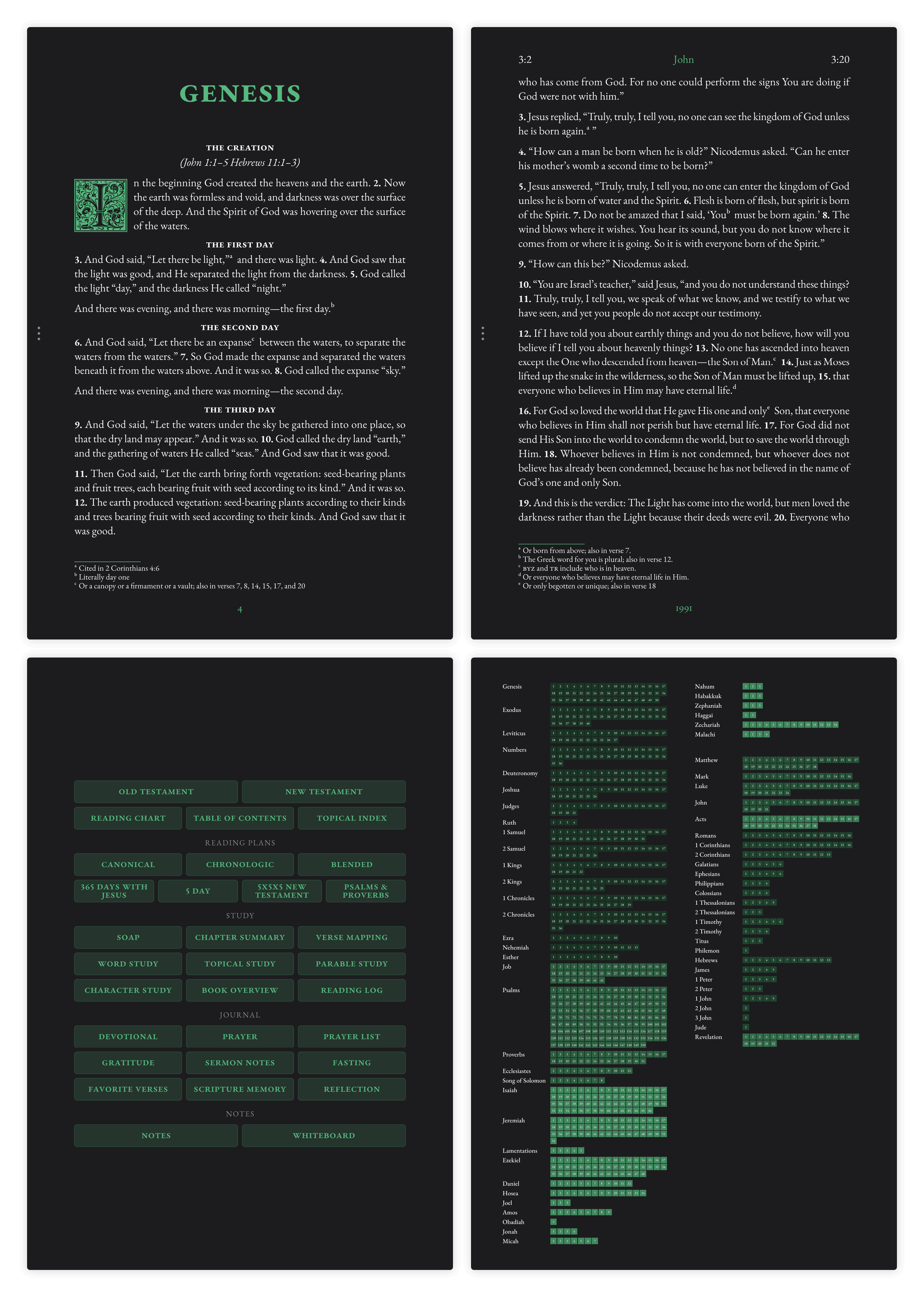 Dark mode Bible pages showing Genesis and John side by side