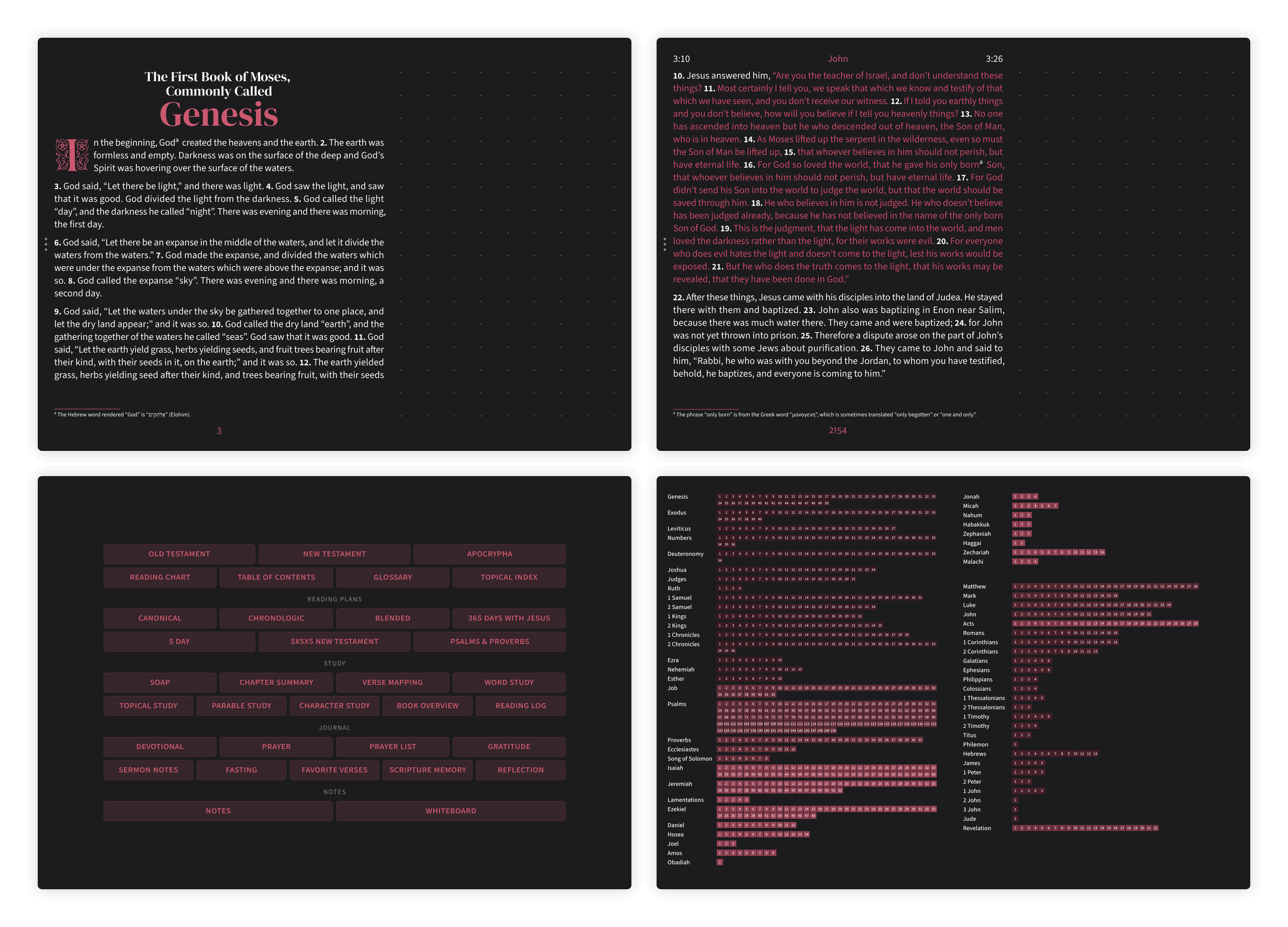 Dark mode Bible pages in the Embrace notetaking layout with dotted margin