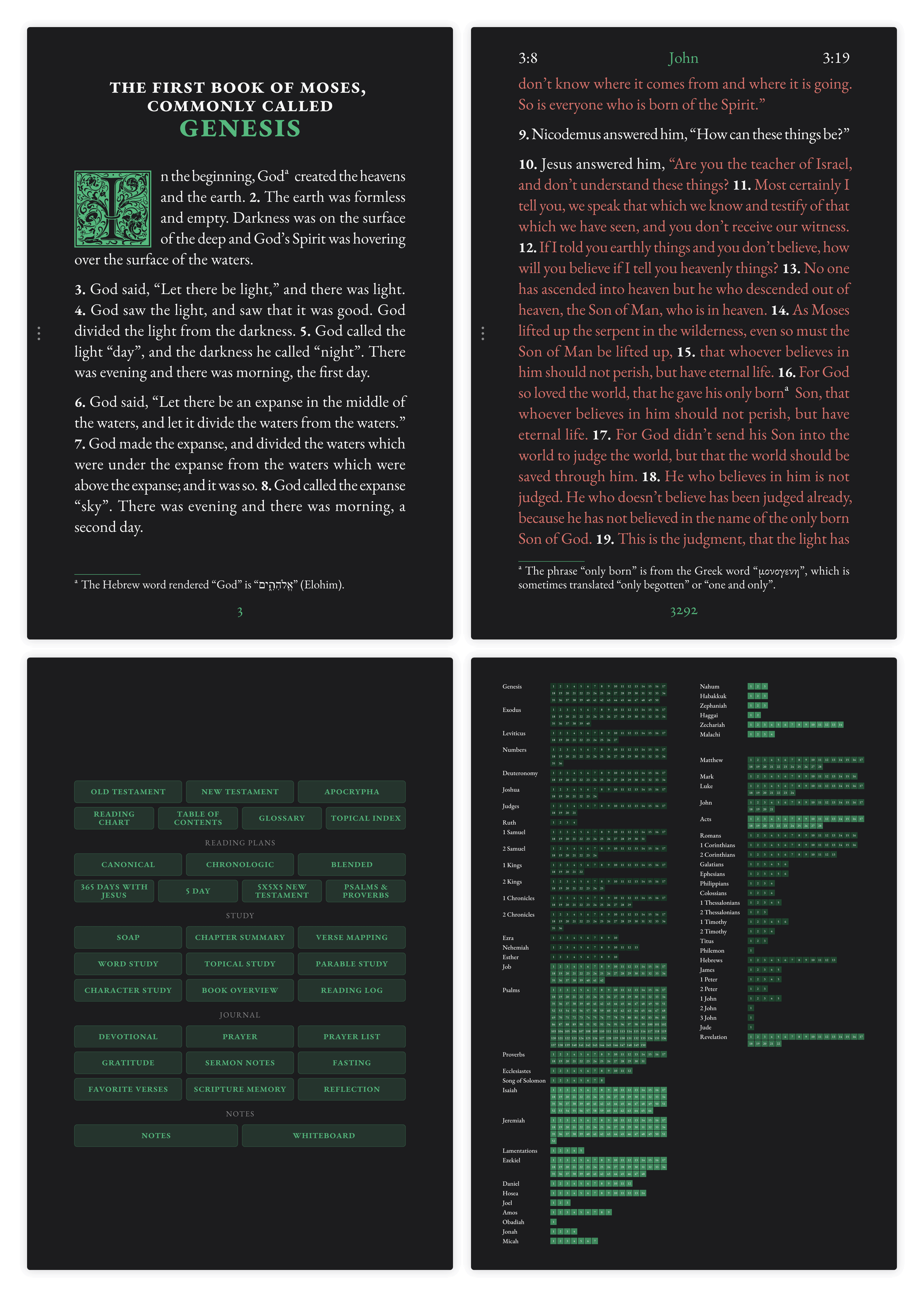 Dark mode Bible pages showing large print layout