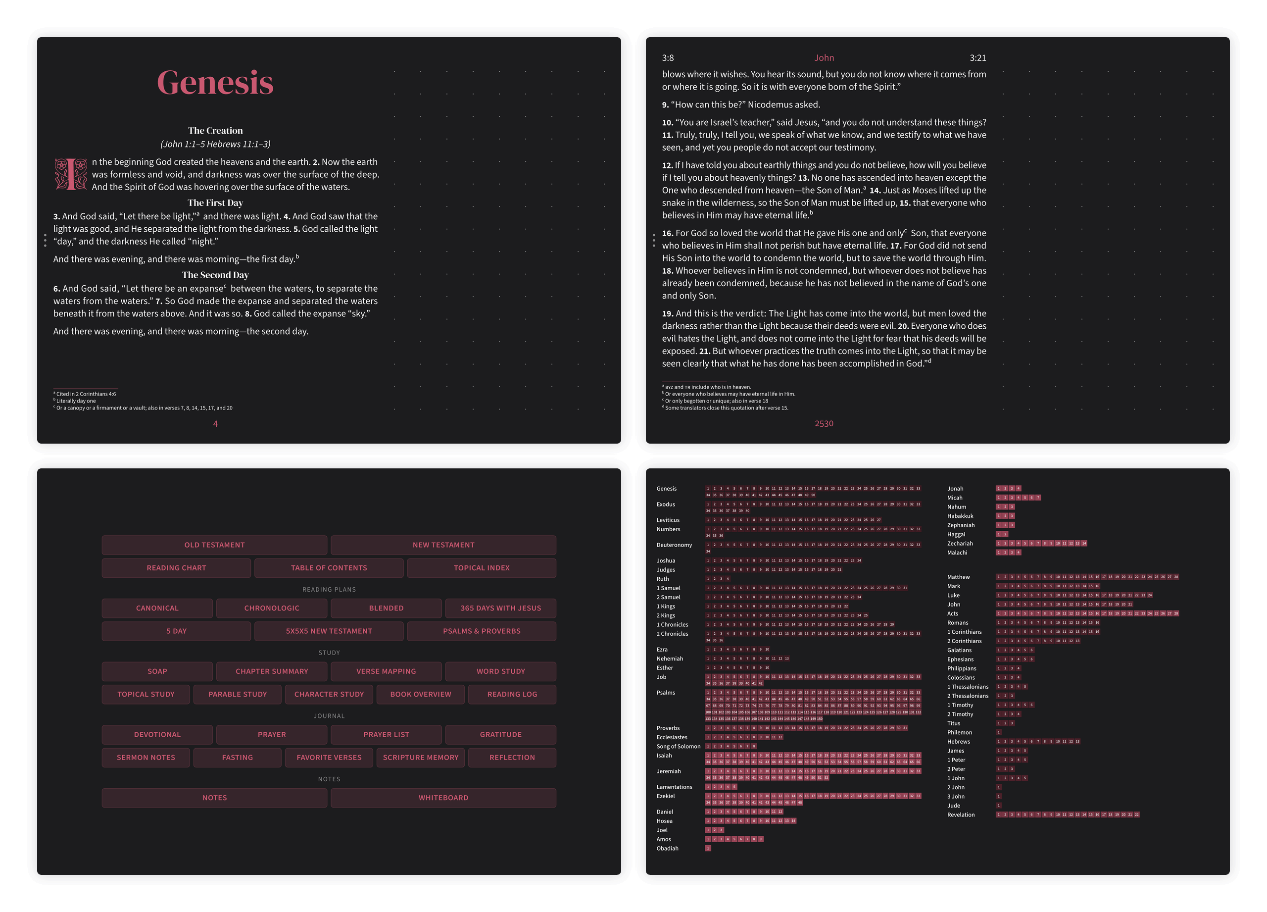 Dark mode Bible pages in the Embrace notetaking layout with dotted margin