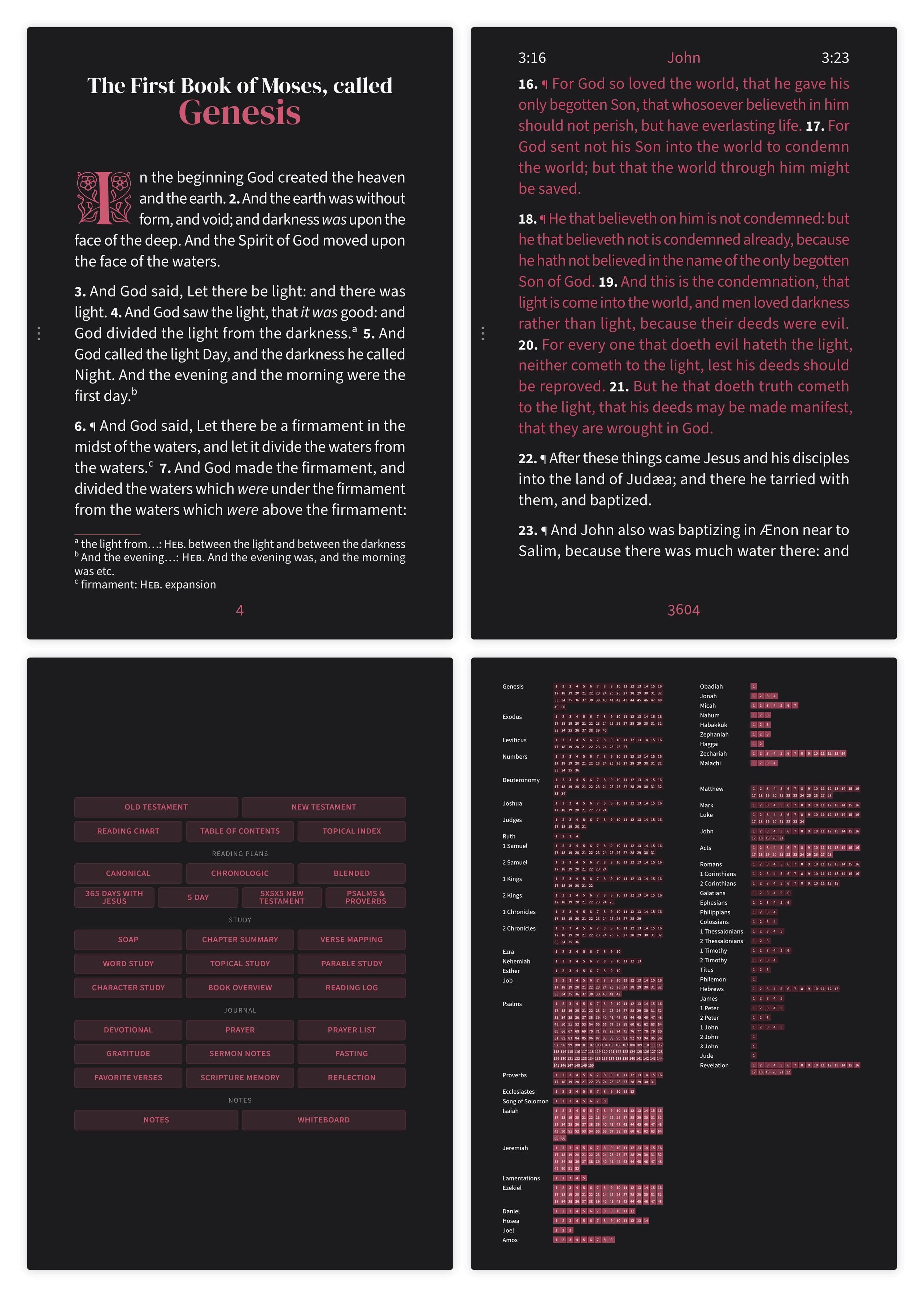 Dark mode Bible pages in the Embrace large print layout