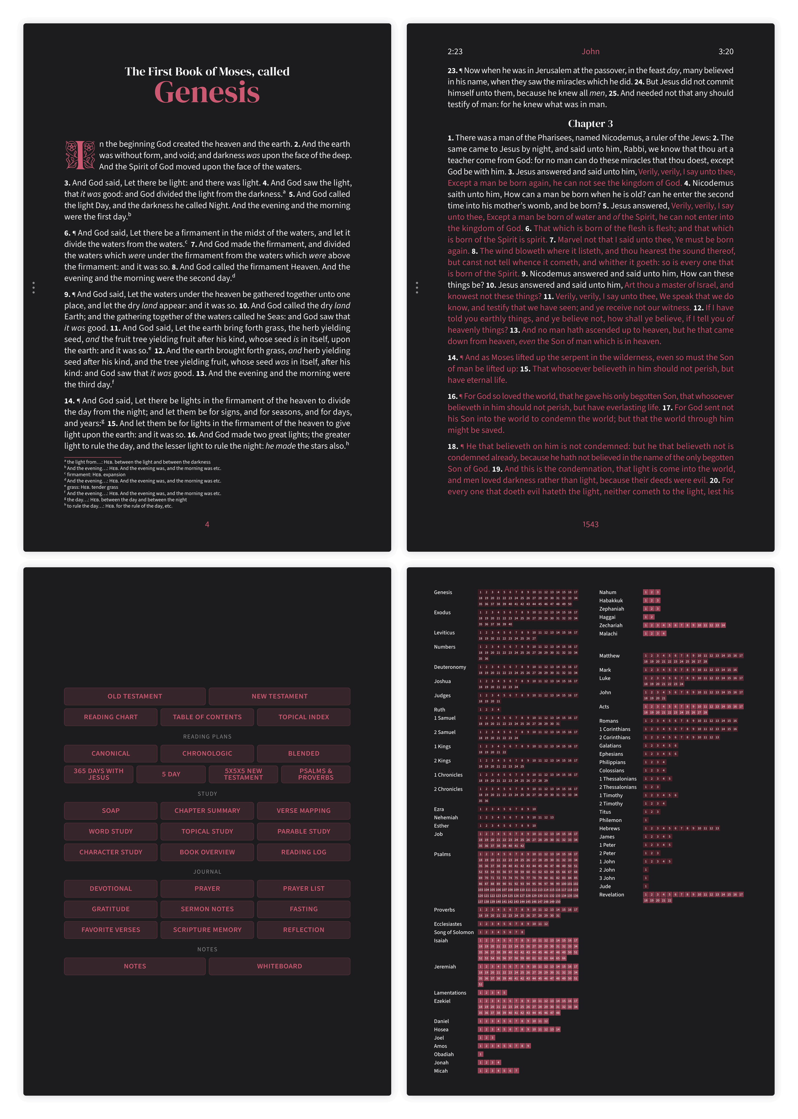 Dark mode Bible pages in the Embrace design showing Genesis and John side by side