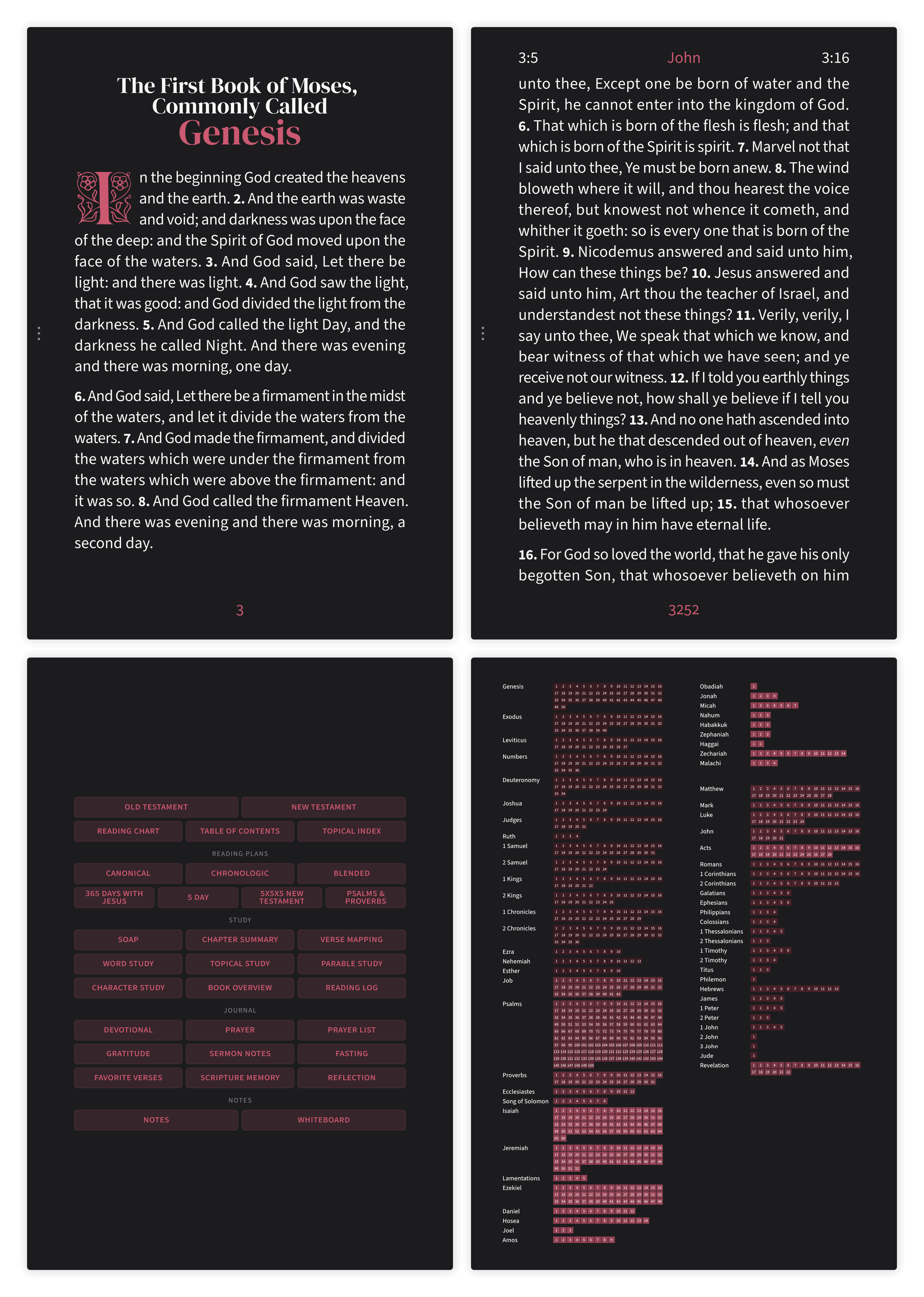 Dark mode Bible pages in the Embrace large print layout