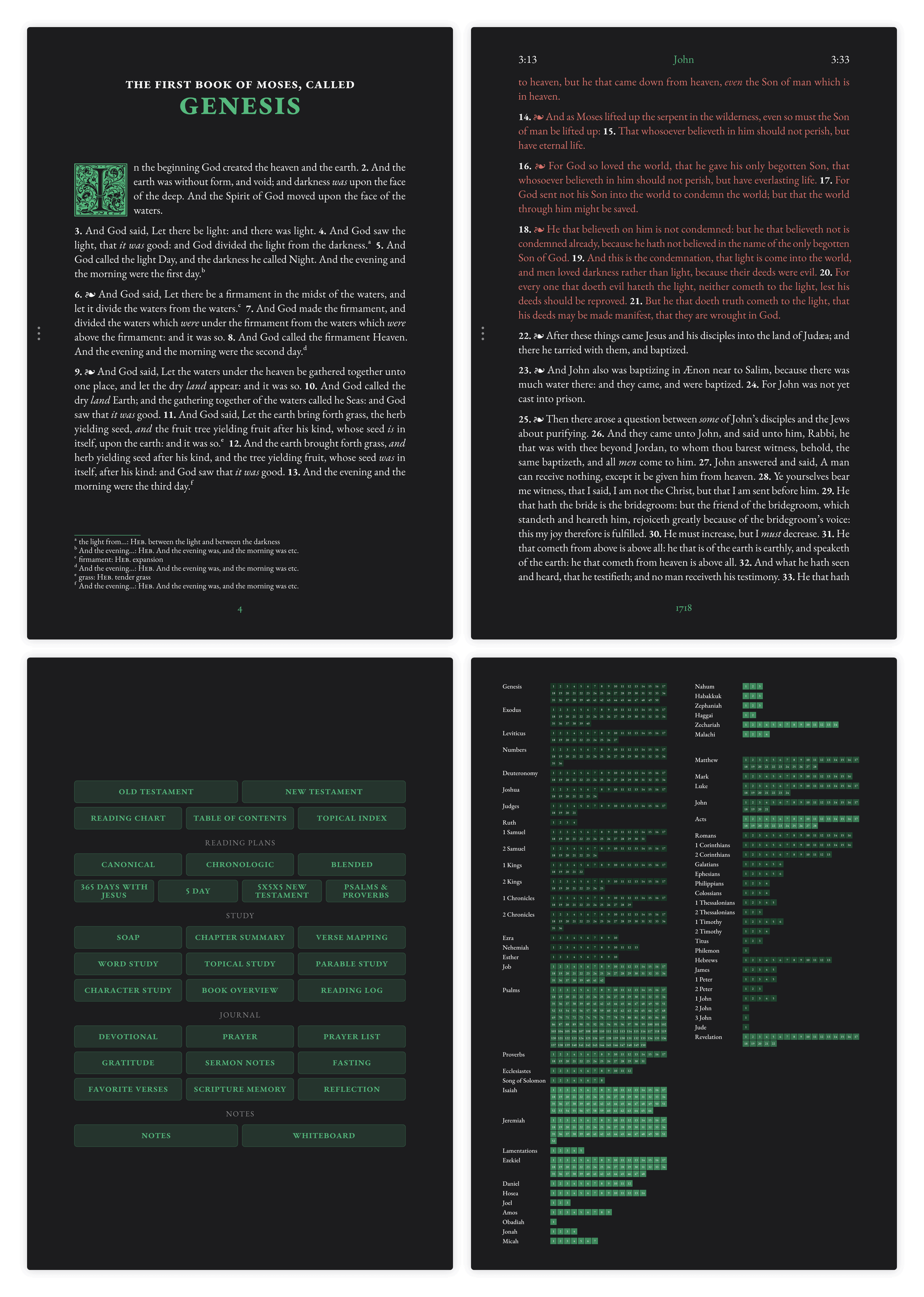 Dark mode Bible pages showing Genesis and John side by side