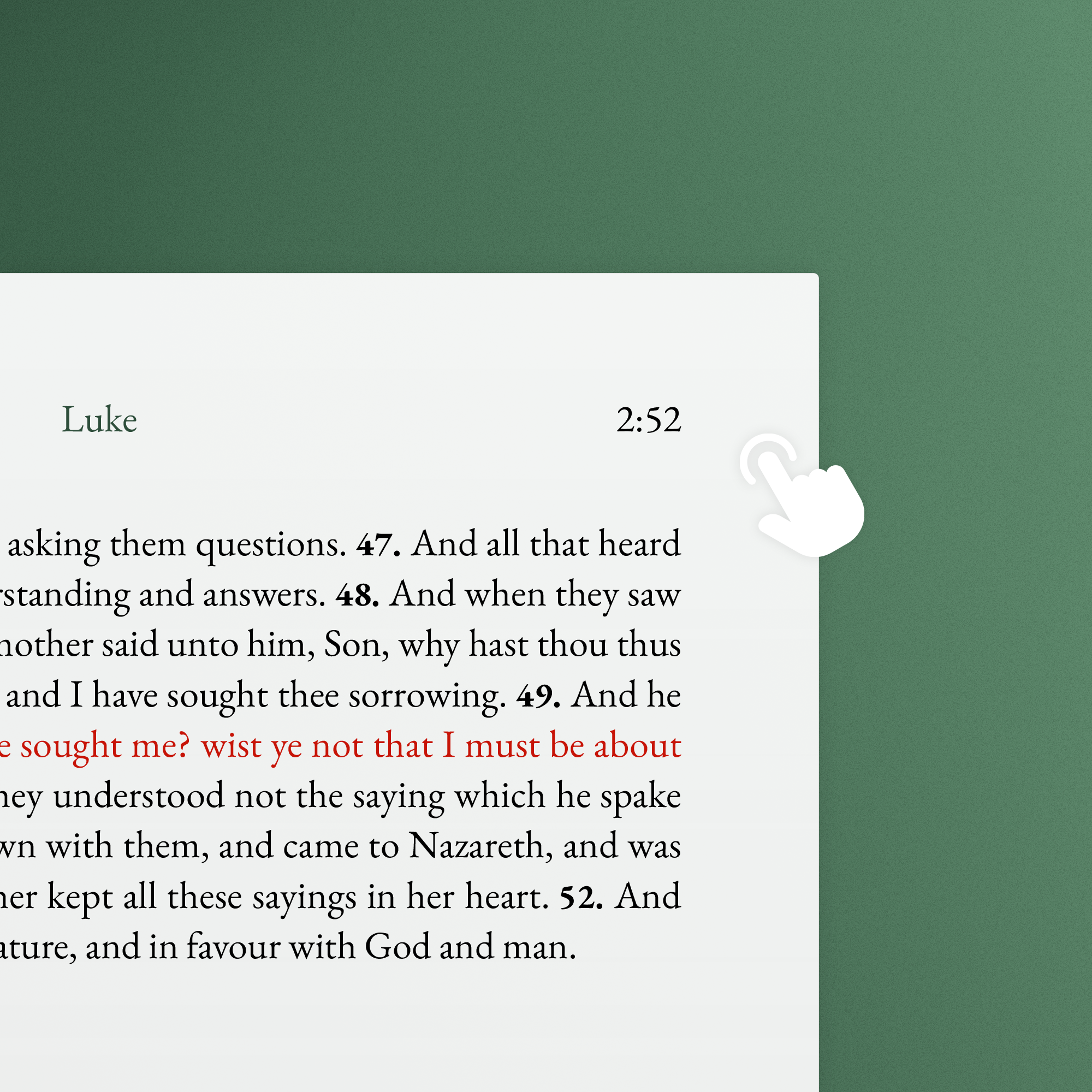 Page from KJV Digital Bible showing Luke 2:52 with tap indicator demonstrating linked navigation