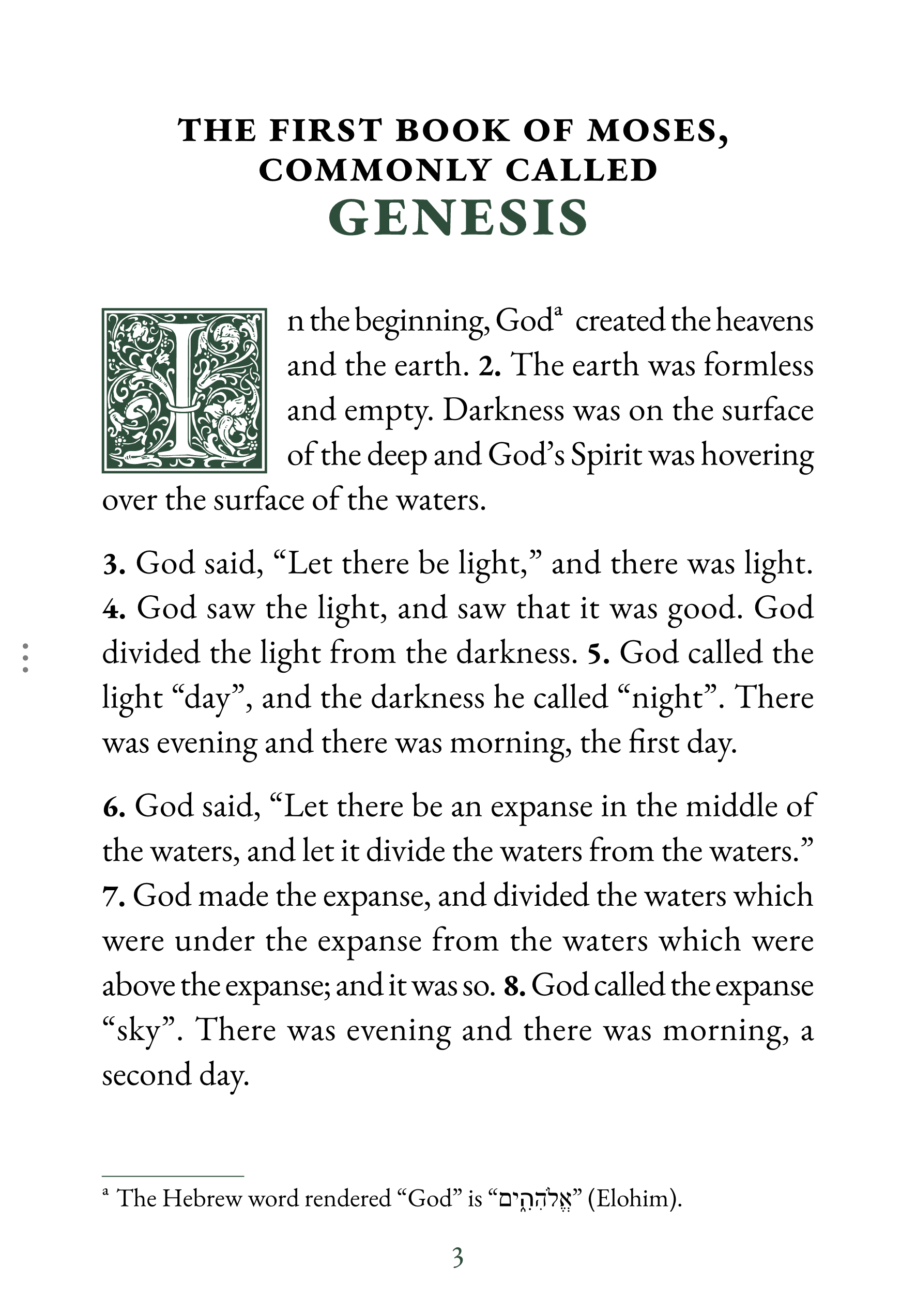 Interior page showing Genesis 1:1 in large print reading layout