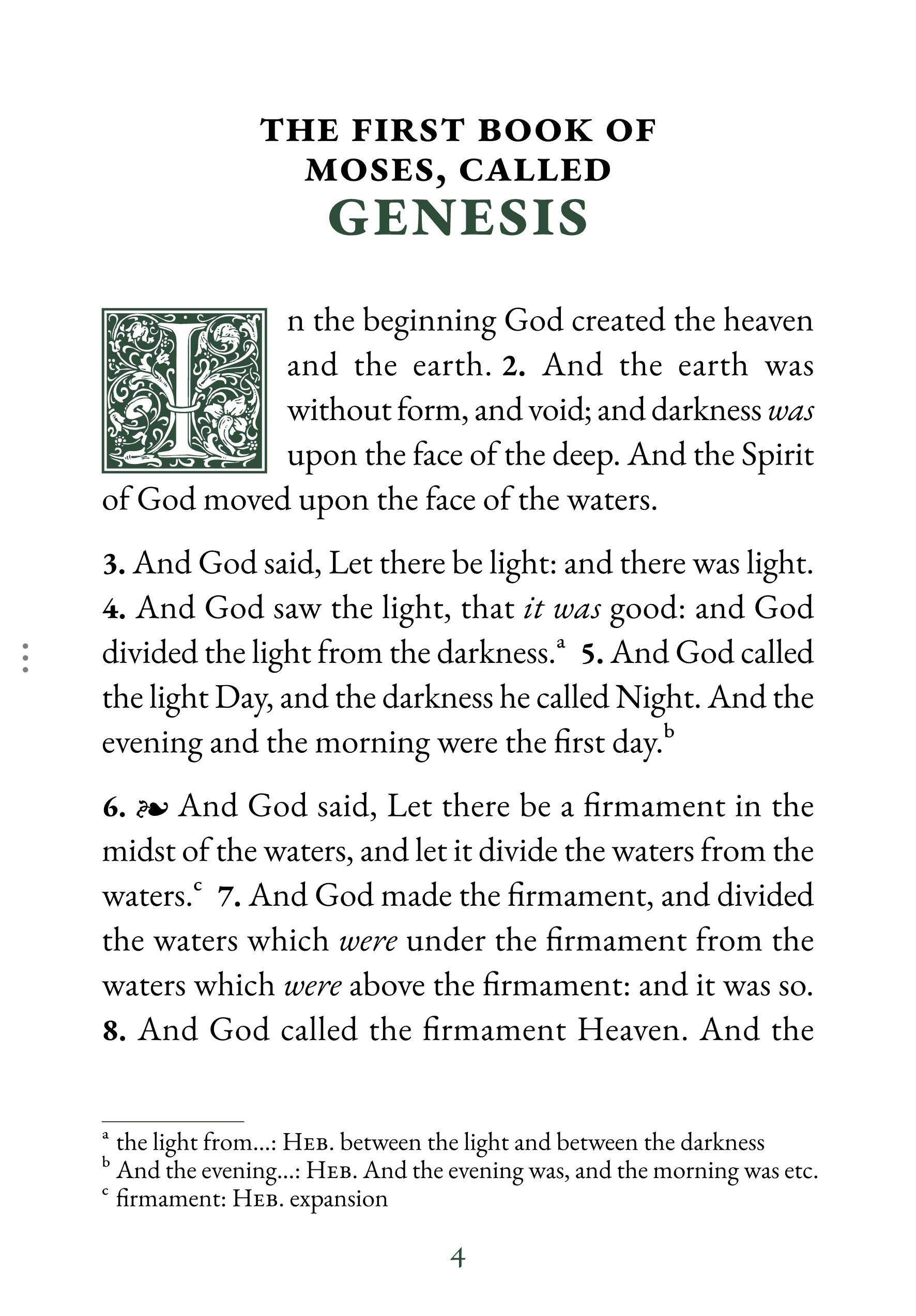 Interior page showing Genesis 1:1 in large print reading layout