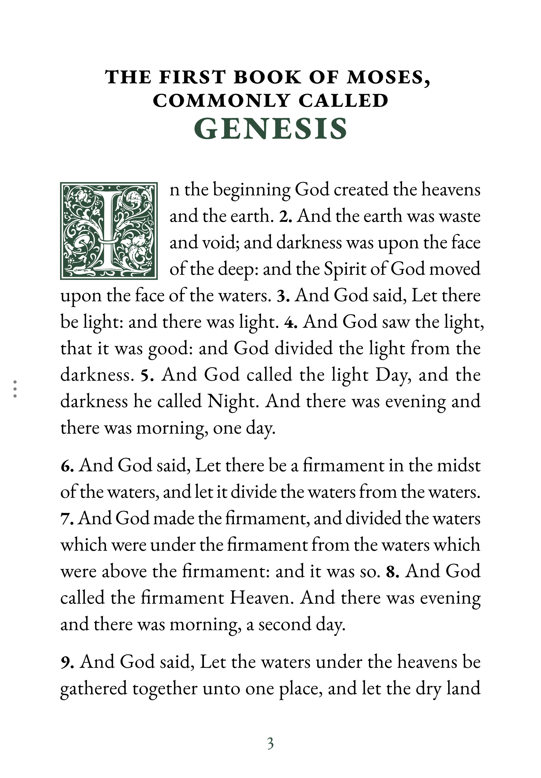 Interior page showing Genesis 1:1 in large print reading layout