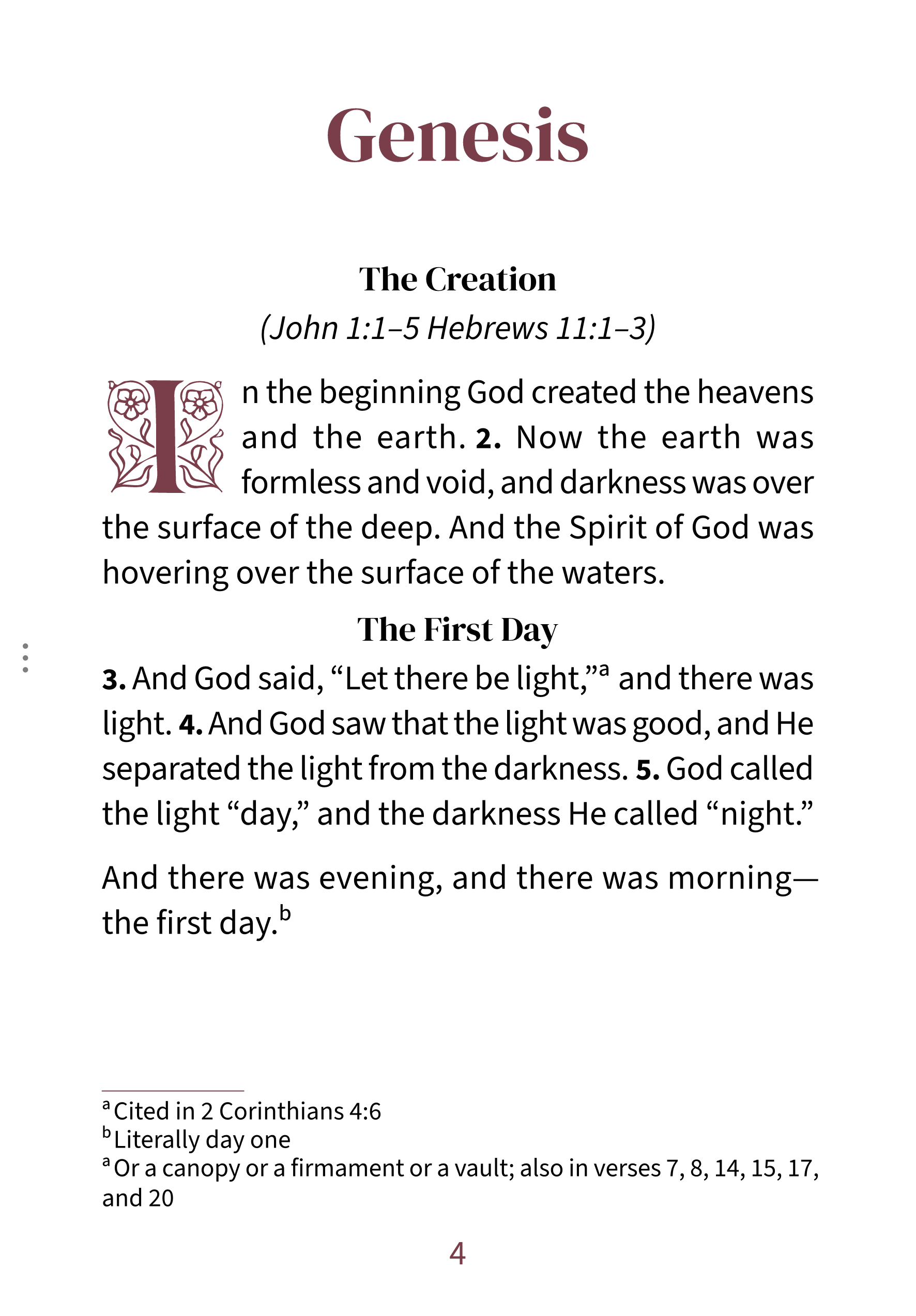 Interior page showing Genesis 1:1 in the Embrace large print reading layout