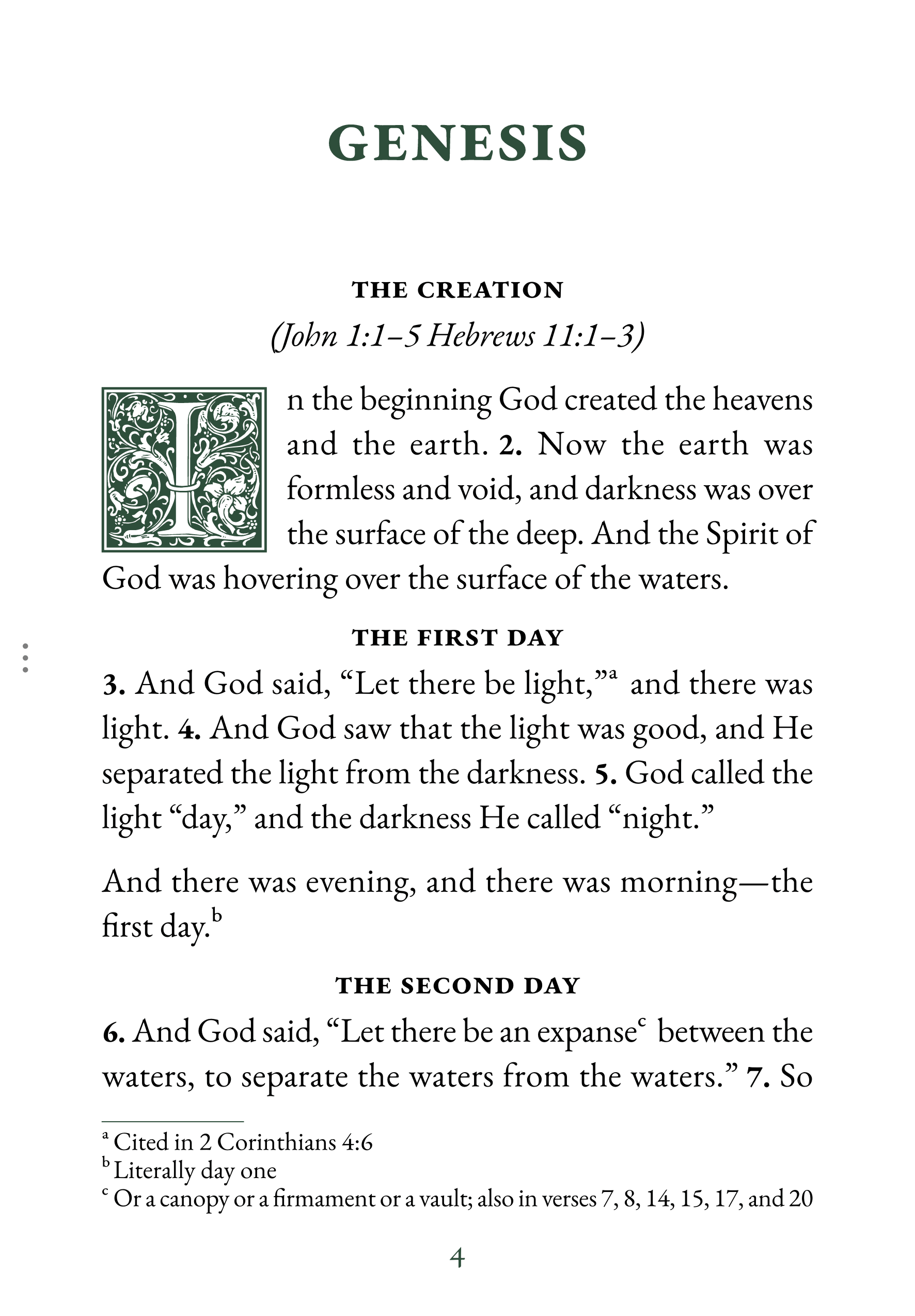 Interior page showing Genesis 1:1 in large print reading layout