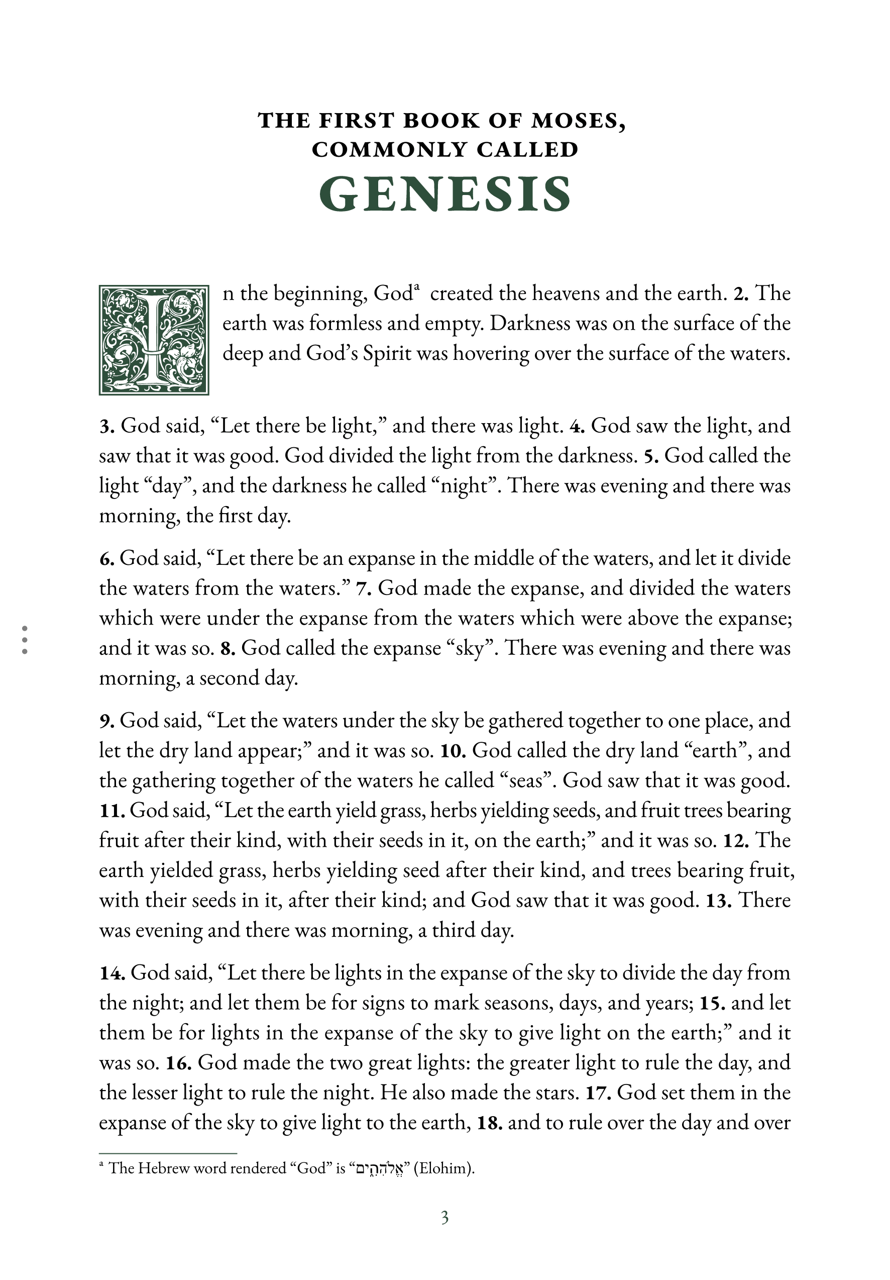 Interior spread showing Genesis 1:1 in reading layout
