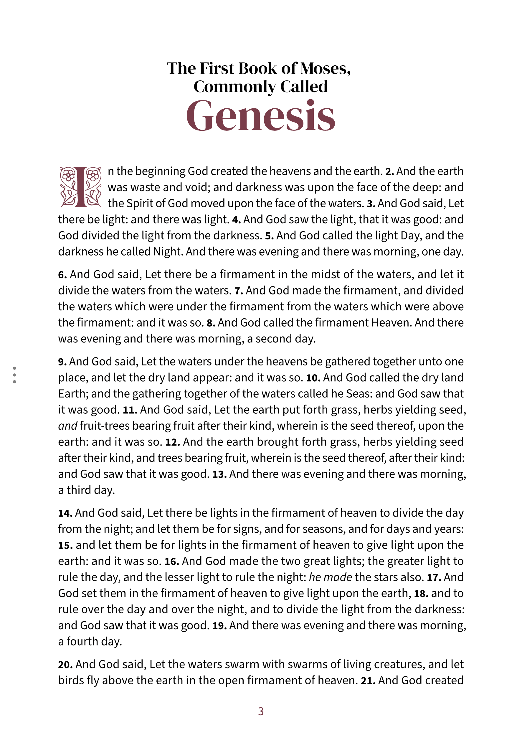 Interior spread showing Genesis 1:1 in the Embrace reading layout