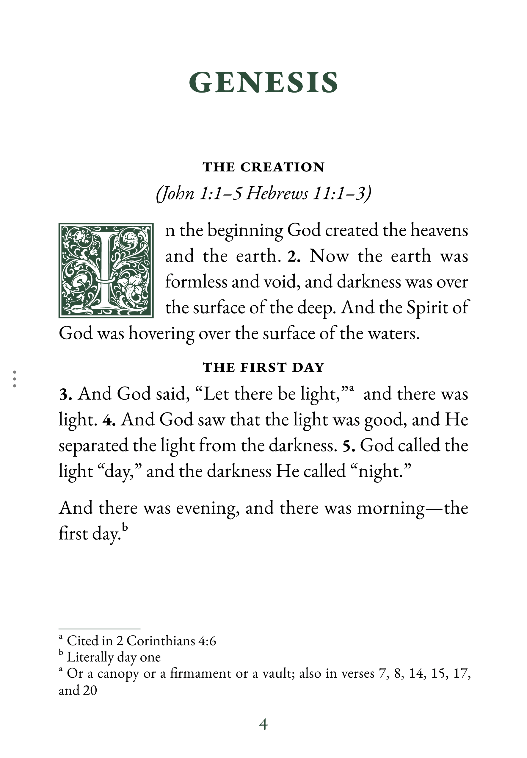 Interior page showing Genesis 1:1 in large print reading layout