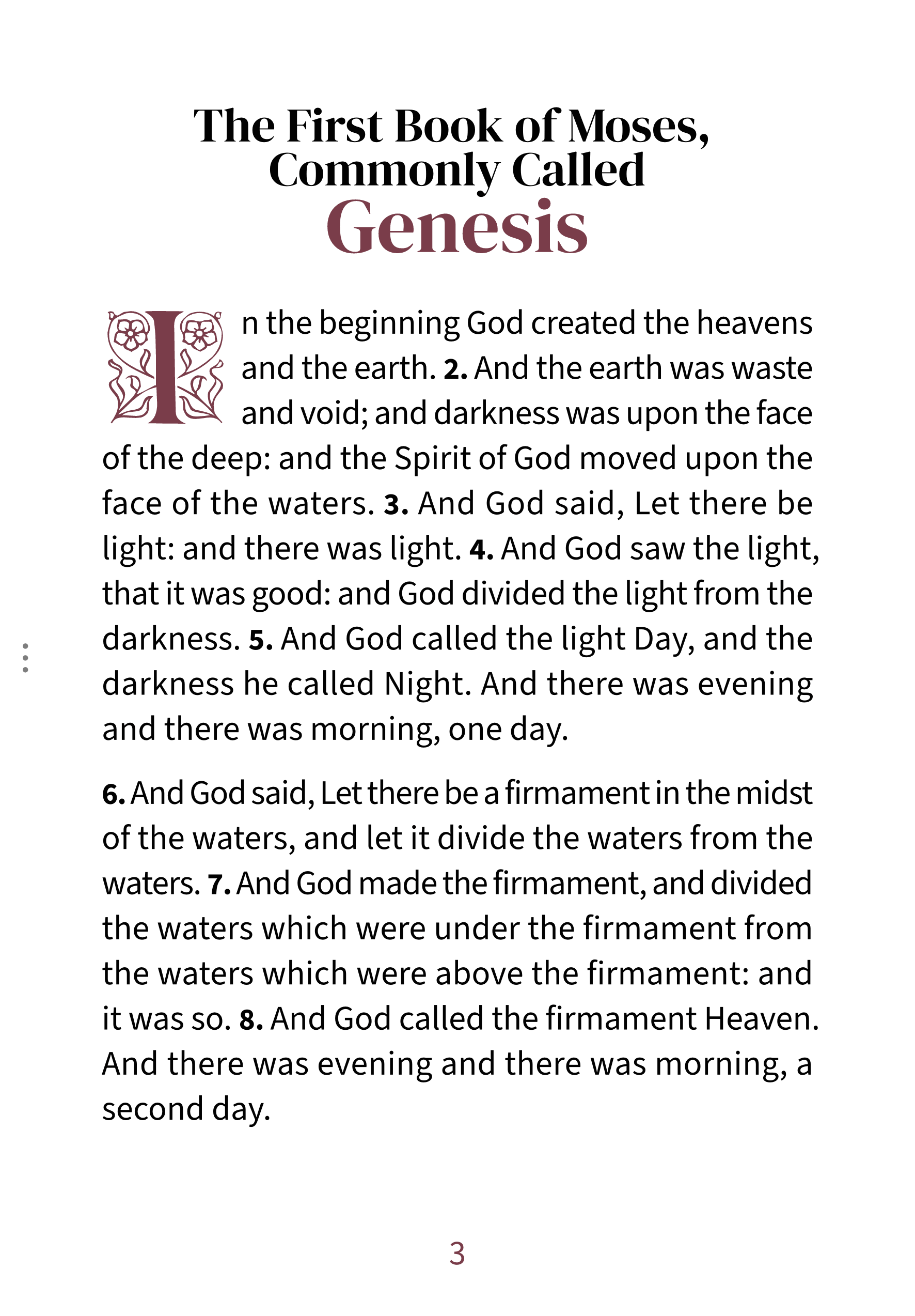 Interior page showing Genesis 1:1 in the Embrace large print reading layout